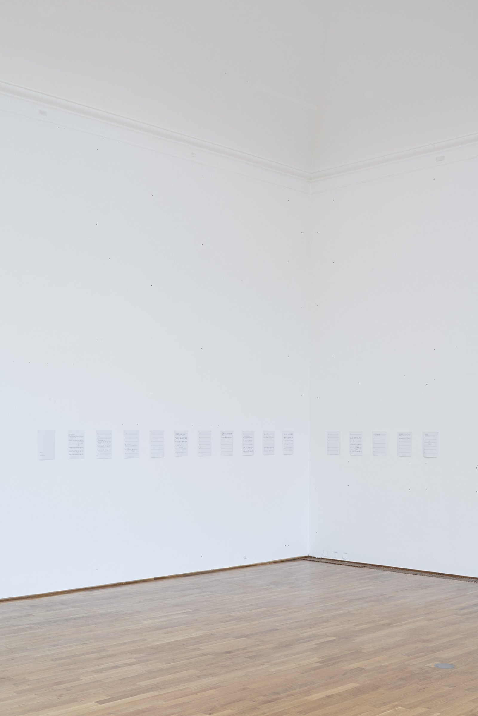 Abbas Akhavan, Bray for Cello, 2017, laser print on paper, 16 pieces, each 12 x 8 in. (30 x 21 cm). Installation view, Museum Villa Stuck, Munich, Germany, 2017