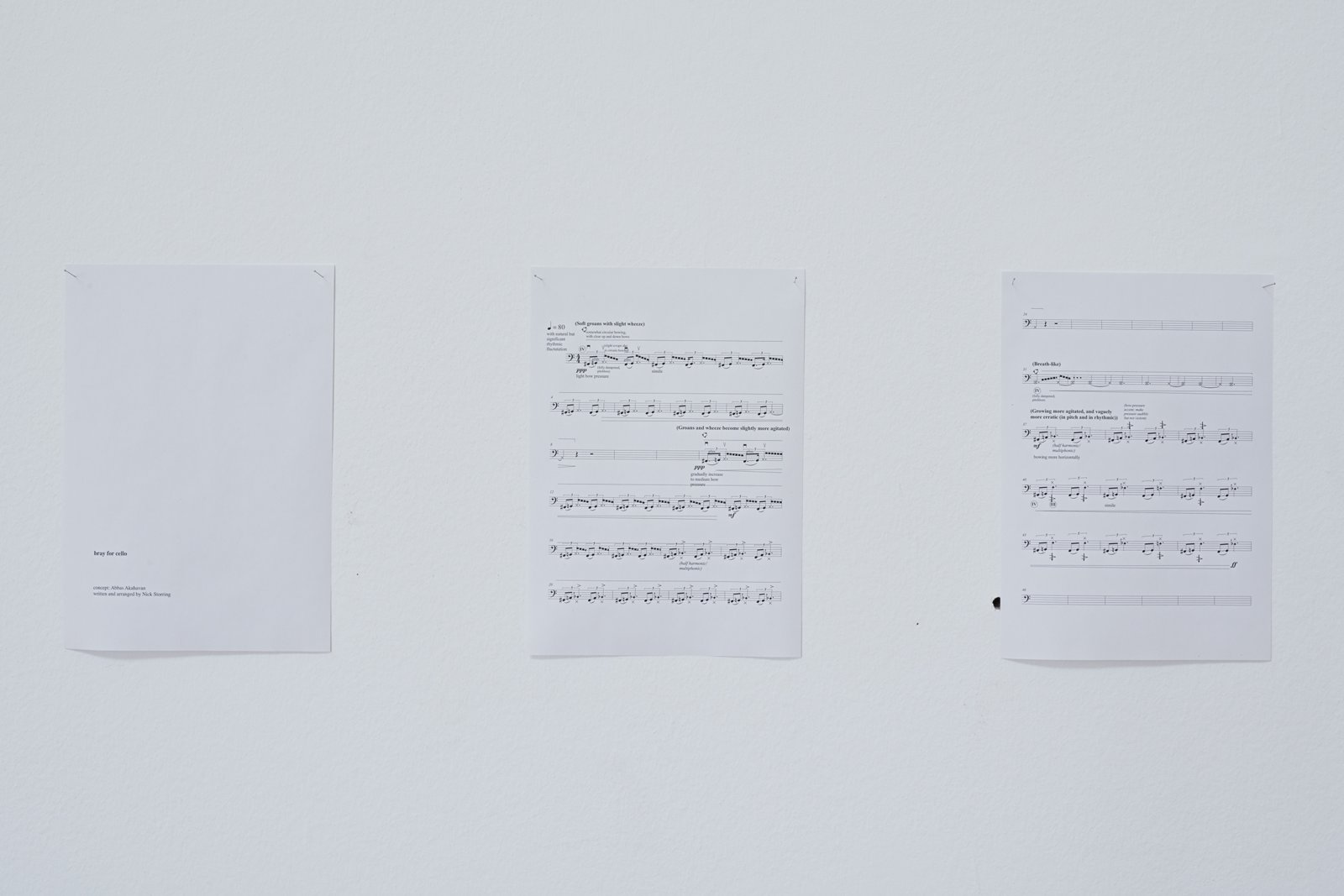 Abbas Akhavan, Bray for Cello, 2017, laser print on paper, 16 pieces, each 12 x 8 in. (30 x 21 cm). Installation view, Museum Villa Stuck, Munich, Germany, 2017