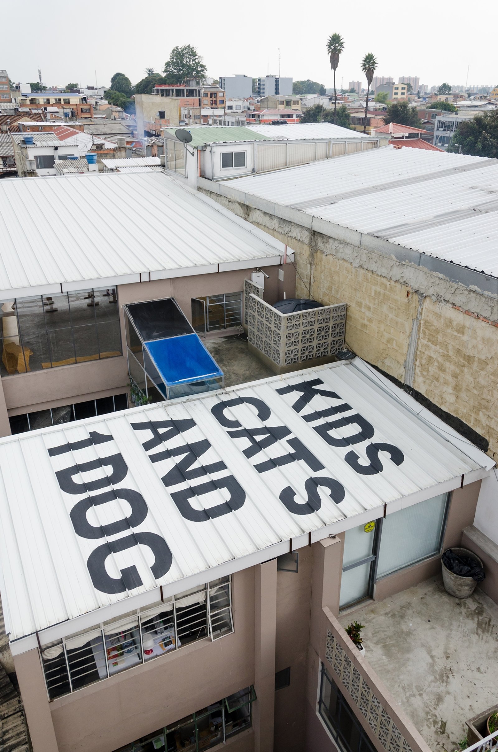 Abbas Akhavan, Kids, Cats and 1 Dog, 2016, paint on rooftop, dimensions variable. Installation view, FLORA ars+natura, Bogotá, Colombia, 2016