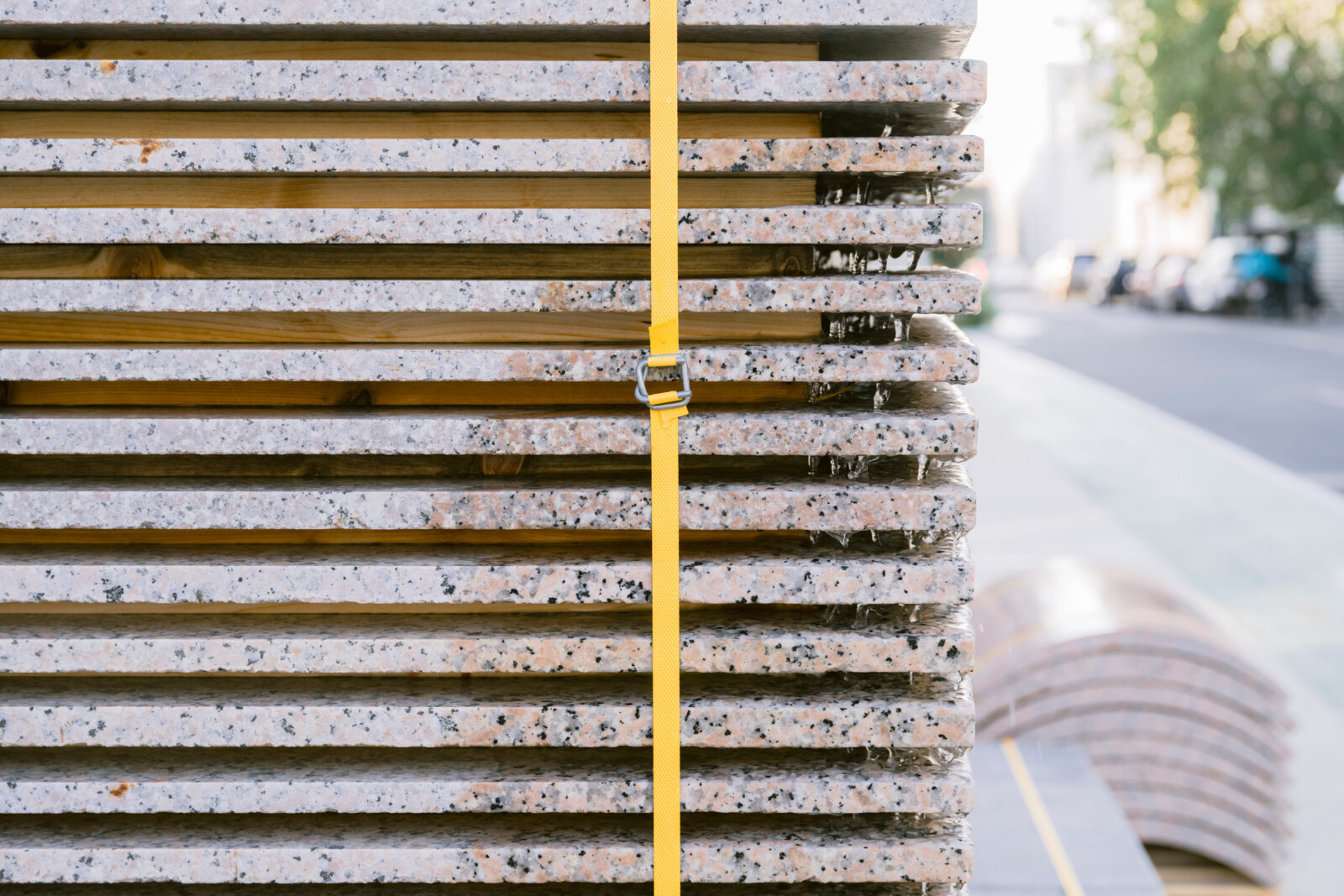 Abbas Akhavan, Stock: Variation on a Fountain (detail), 2024, construction materials sourced from Alserkal’s storage, wood, piping, hose, pond pumps, pond liner, water, dimensions variable. Installation view, Walk With Me, Alskeral Arts Foundation, Dubai, UAE, 2024