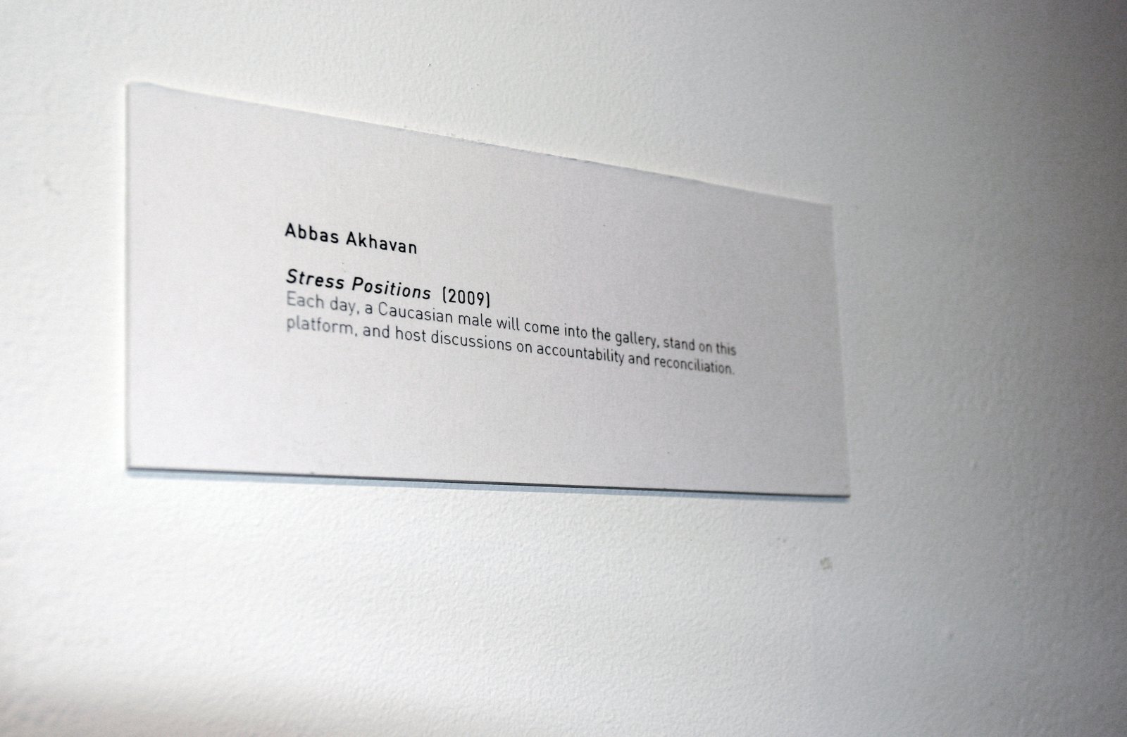 Abbas Akhavan, Stress Positions (detail), 2009/2017, 2 plinths, label, dimensions variable. Installation view, Propped, Oakville Galleries, Oakville, Canada, 2017