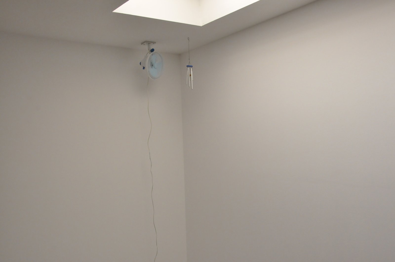 Abbas Akhavan, Study for a Curtain (detail), 2015, tropical plants not native to UAE, wooden sticks, sand, oscillating fan, wind chime, removal of all light fixtures, exposed skylight, dimensions variable. Installation view, The Third Line, Dubai, UAE, 2015