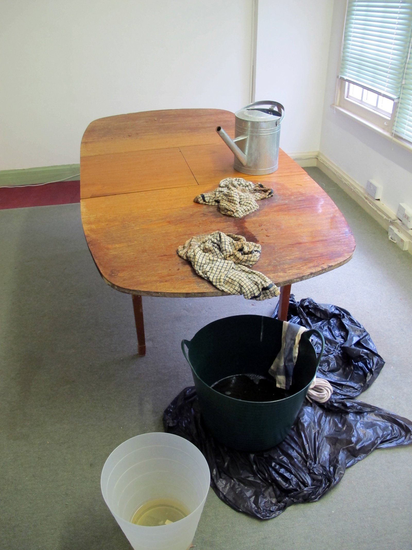 Abbas Akhavan, Study for a Garden: Leak, 2012, table, water, pump, cloth, rope, plastic bags, canister, pail, turmeric, coffee, canola oil, dimensions variable. Installation view, Study for a Garden, Delfina Foundation, London, UK, 2012