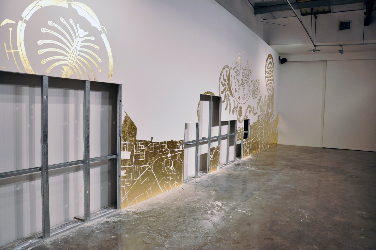 Abbas Akhavan, Study for a Map (detail), 2010, imitation gold leaf on gallery wall, 157 x 551 in. (400 x 1400 cm). Installation view, Islands, The Third Line, Dubai, UAE, 2010