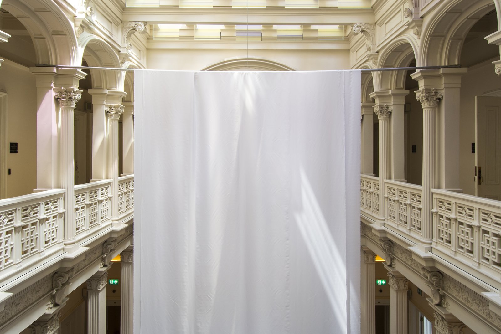 Abbas Akhavan, Study for a Monument (after the Pearl Roundabout), 2017, pearl satin fabric, 3600 x 138 in. (9144 x 350 cm). Installation view, “they hit a tree with an axe”, SALT Galata, Istanbul, Turkey, 2017