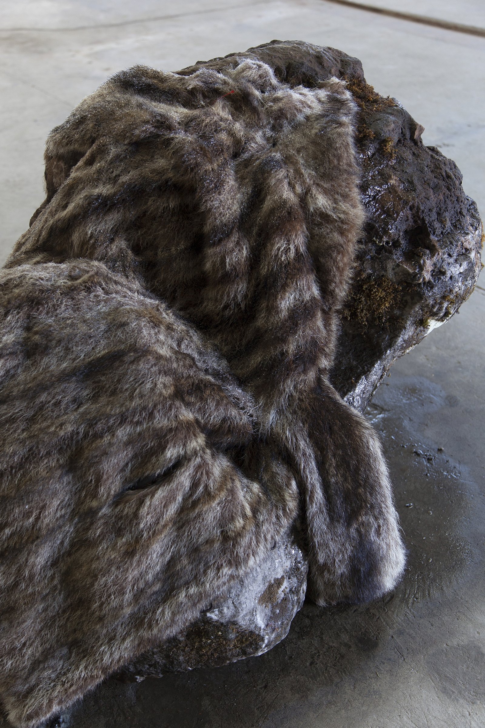 Abbas Akhavan, Untitled (detail), 2018, erratic boulder, water system, vintage fur coat, plastic bag, 40 x 30 x 31 in. (102 x 75 x 80 cm). Installation view, Folly, Vie d’ange, Montreal, 2018
