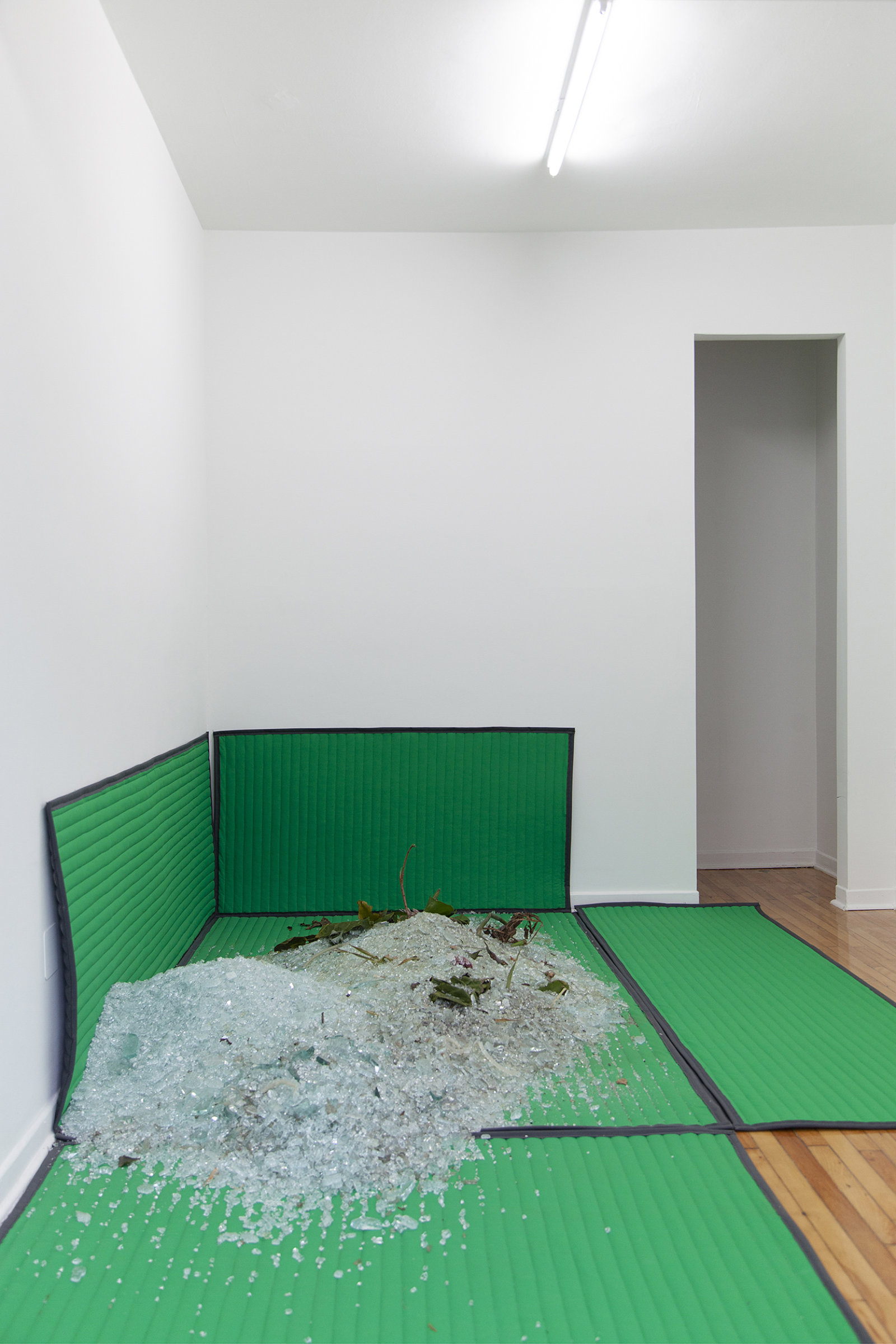 Abbas Akhavan, untitled, 2020, heavy-duty vinyl-reinforced polyester, quilt batting, tropical plants, glass, installation dimensions variable. Installation view, Protocinema at Parc Offsite, Montreal, Canada, 2020