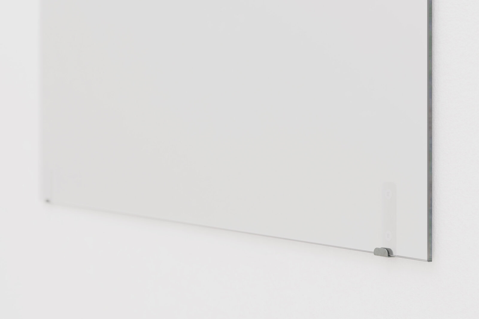 Abbas Akhavan, untitled (detail), 2025, two-way mirror, steel mirror clips, 48 x 48 in. (122 x 122 cm)