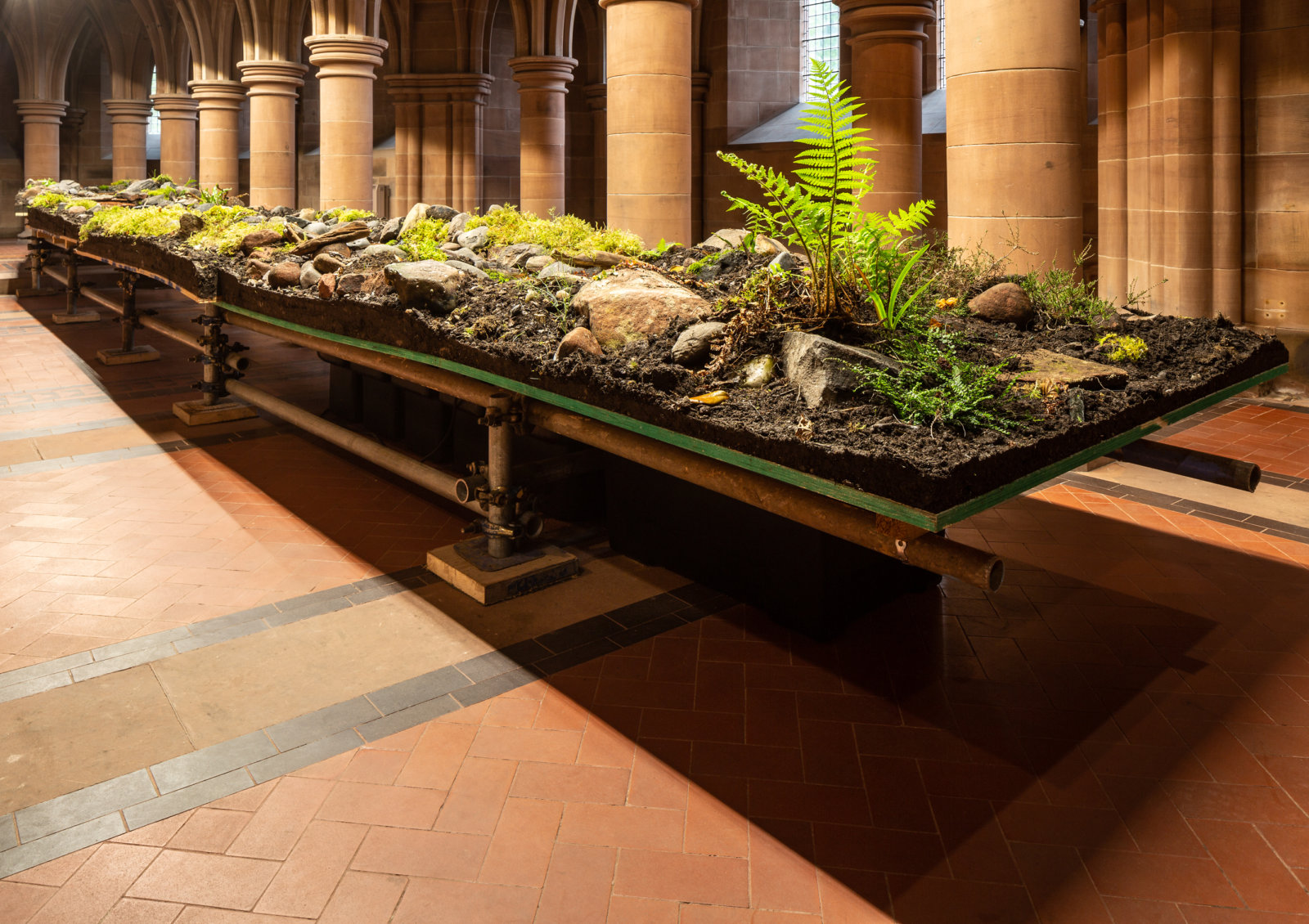 Abbas Akhavan, variations on a folly, 2022, scaffold, plywood, pond liner, aggregate, clay, garden silt, soil, rocks, water, pond pump and tubing, plants sourced from the gardens, hardware, full spectrum lights, installation dimensions variable