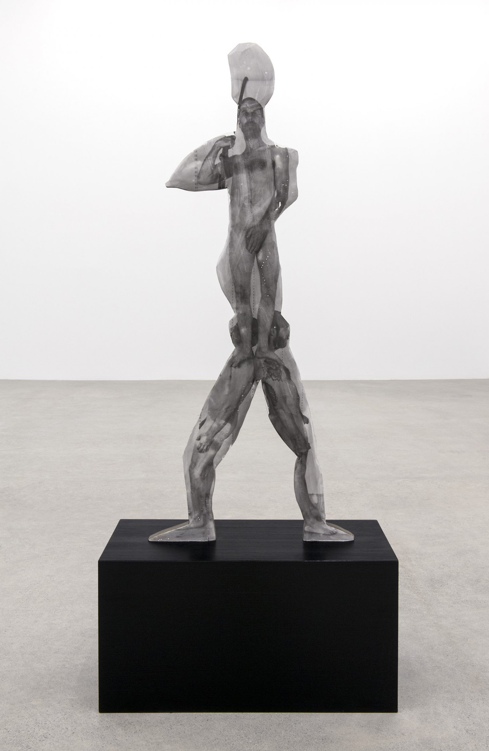 ​​​Valérie Blass, Flat man/J’en ai assez je dis oui, 2015, wood, paint, photographic emulsion, figure: 55 x 2 x 22 in. (140 x 4 x 56 cm), base: 16 x 15 x 30 in. (41 x 38 x 76 cm)​​​ by Valérie Blass