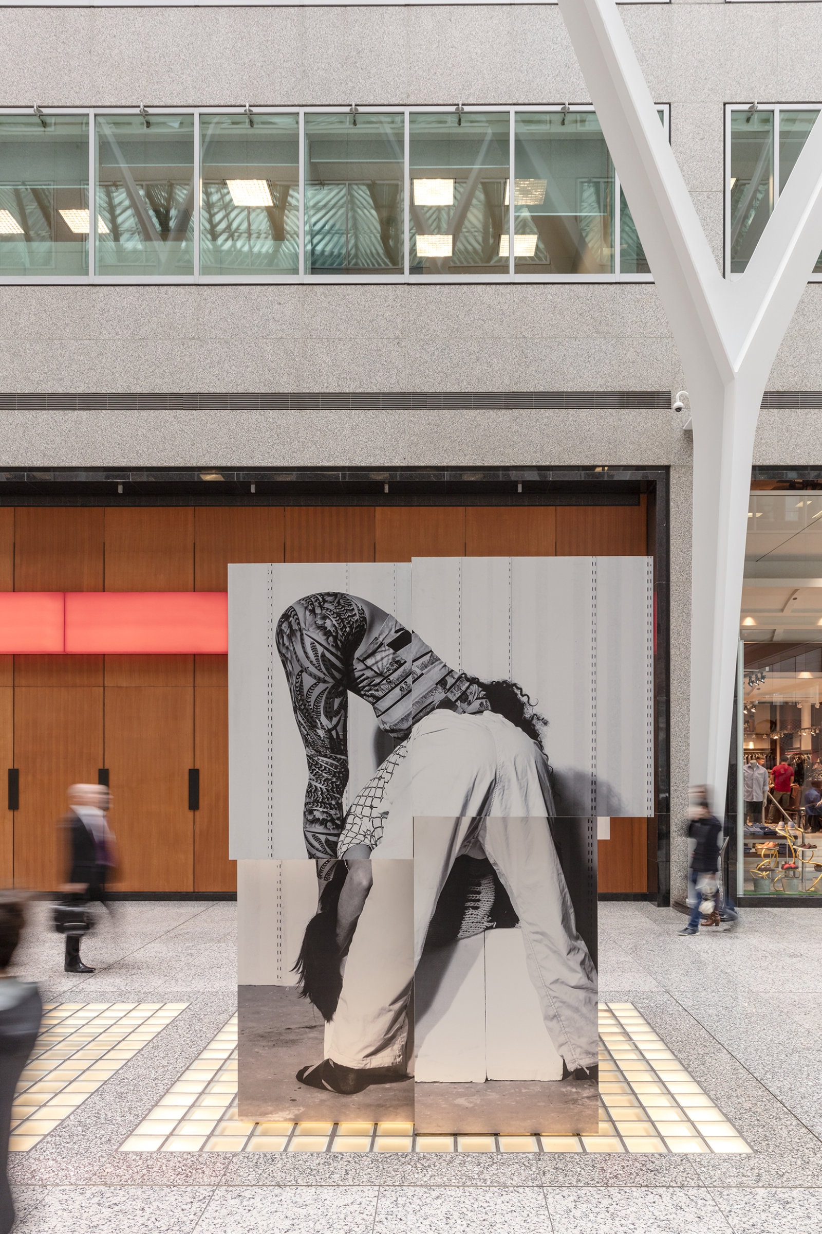 Valérie Blass, Bleached Jeans from Nous ne somme pas des héros, 2017, mixed media, dimensions variable. Installation view, Brookfield Place, Toronto, ON, 2017