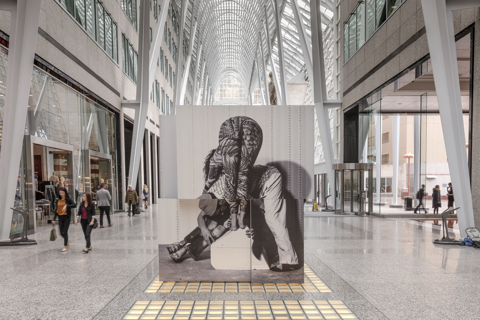 Valérie Blass, Bleached Jeans from Nous ne somme pas des héros, 2017, mixed media, dimensions variable. Installation view, Brookfield Place, Toronto, ON, 2017
