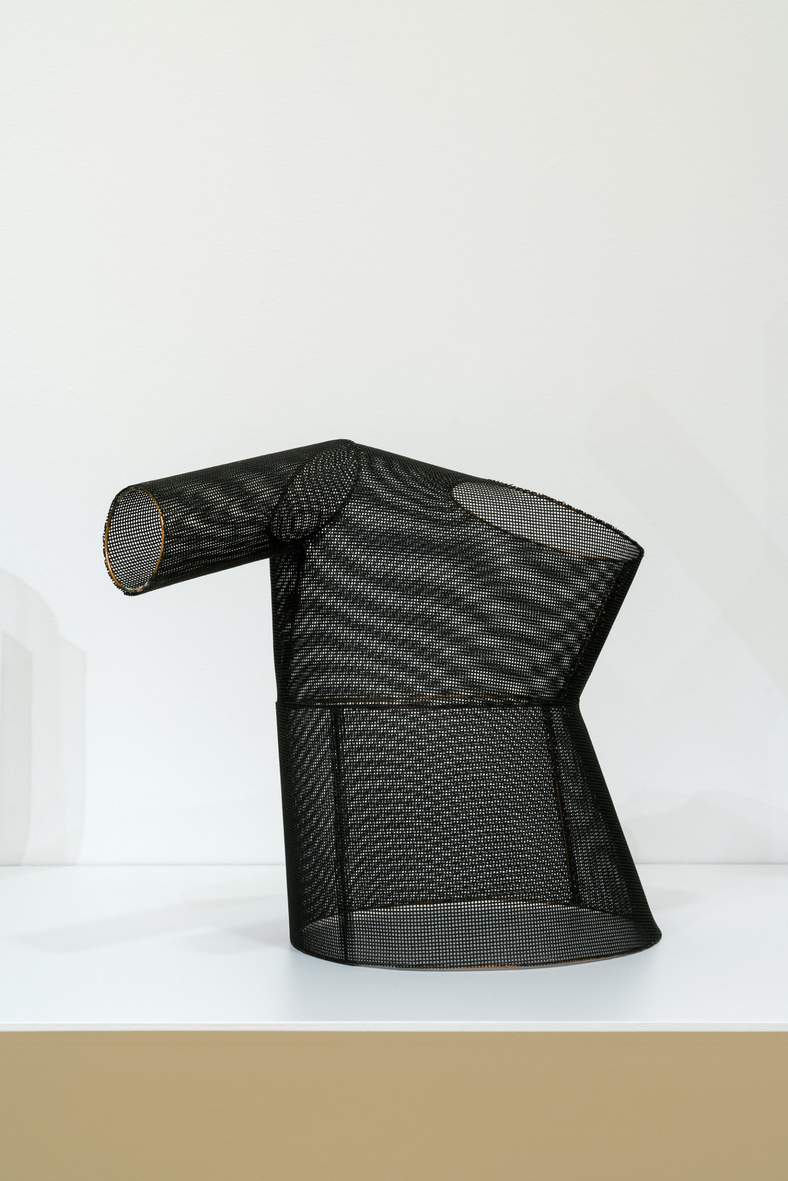 Valérie Blass, Bruit encerclé (cruche nouvelle), 2016, steel rod, embroidery fabric, threaded construction, PVC on plinth, 64 x 108 x 35 in. (164 x 274 x 78 cm)