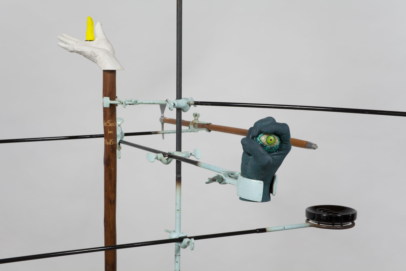 Valérie Blass, Cargo Culte (detail), 2011, metal stand, wooden, rattan, plastic and ceramic objects, hydrocal FGR gypsum, cement, acrylic, enamel paint, 72 x 48 x 50 in. (155 x 122 x 127 cm)