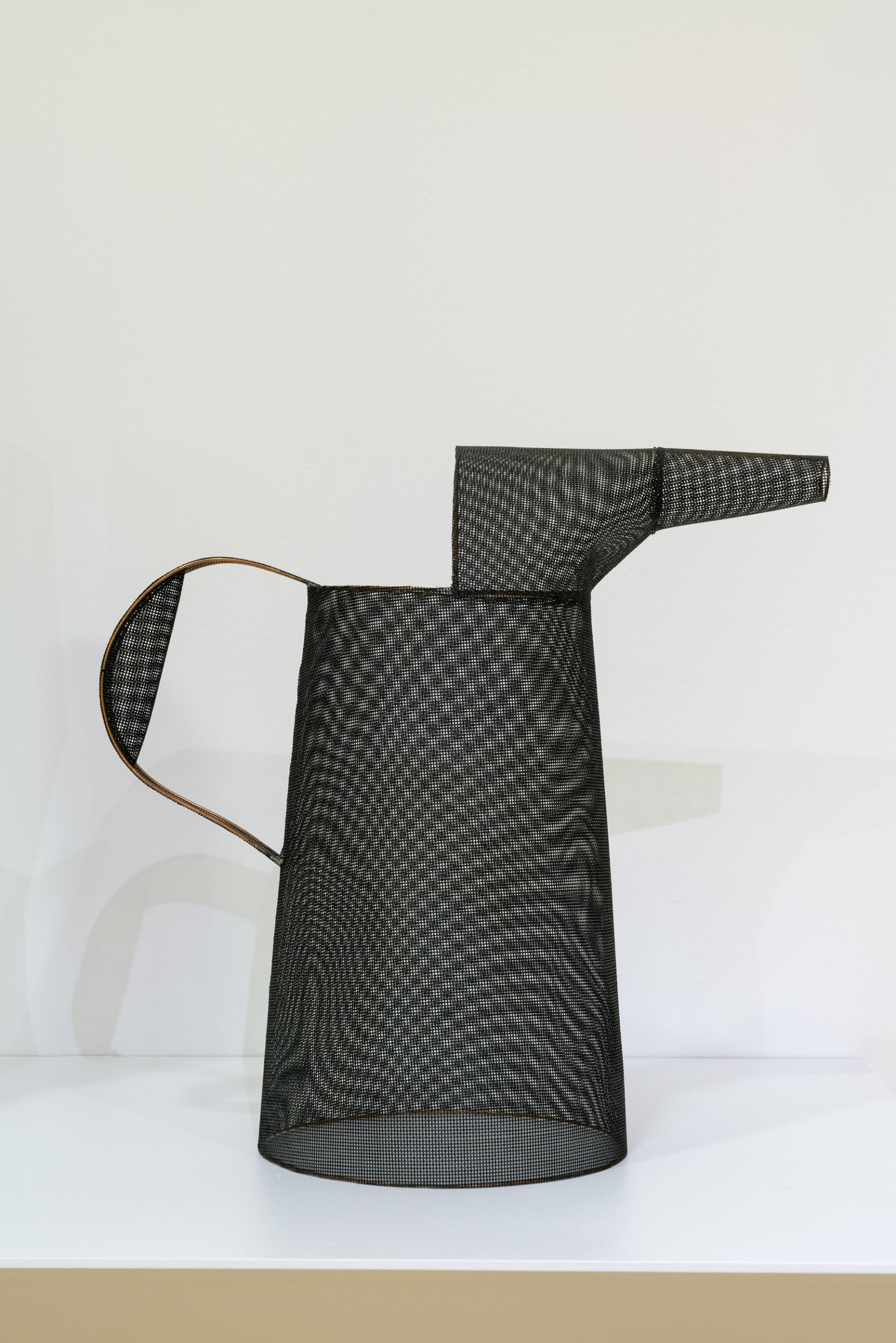 Valérie Blass, J’ai percé un trou (cruche standard), 2016, steel rod, embroidery fabric, threaded construction, PVC on plinth, 64 x 108 x 35 in. (164 x 274 x 78 cm)