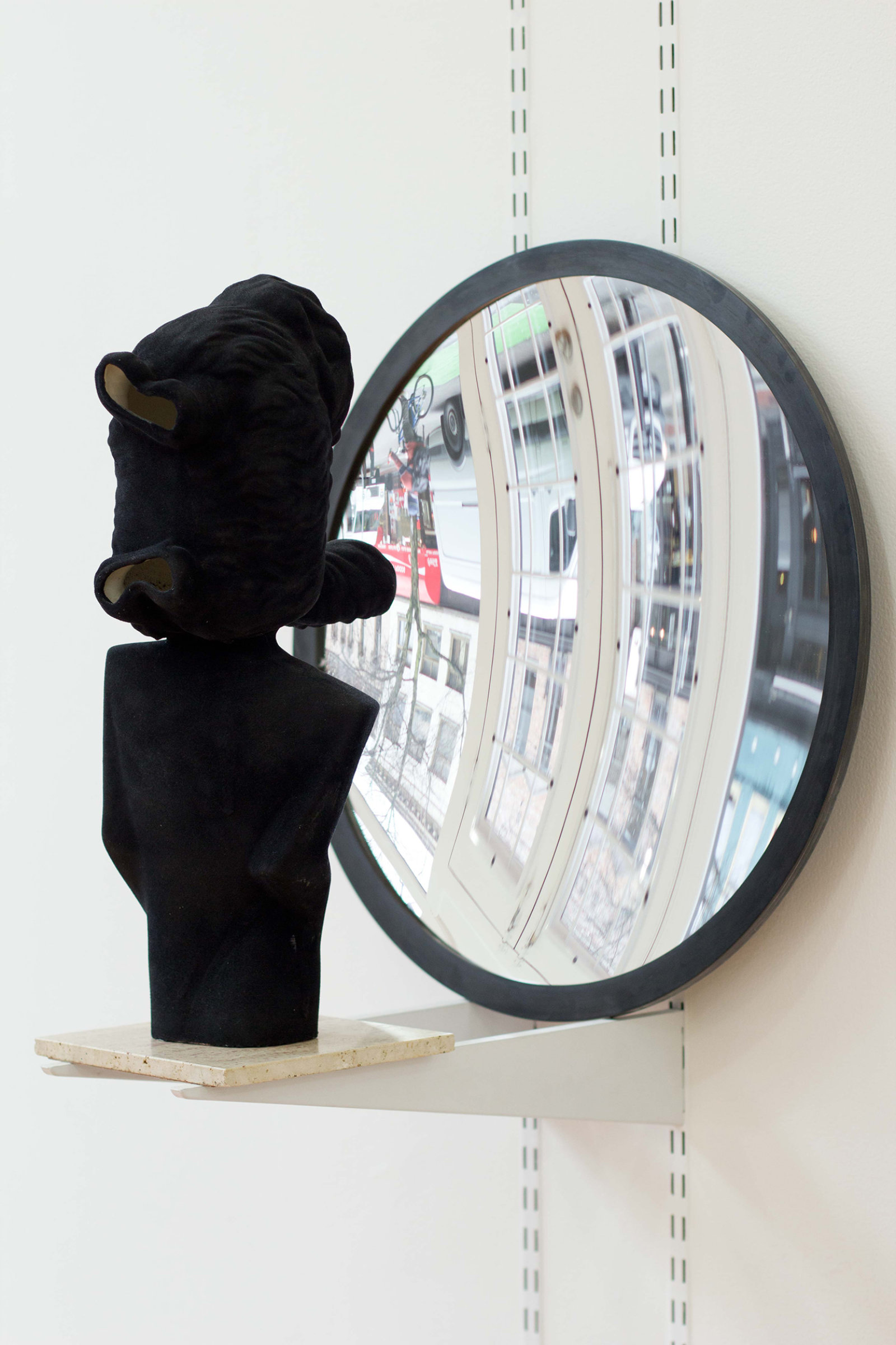 Valérie Blass, La Meprise, 2015, porcelain, flocking, mirror, hanging system, marble slab, 21 x 8 x 10 in. (52 x 19 x 24 cm)