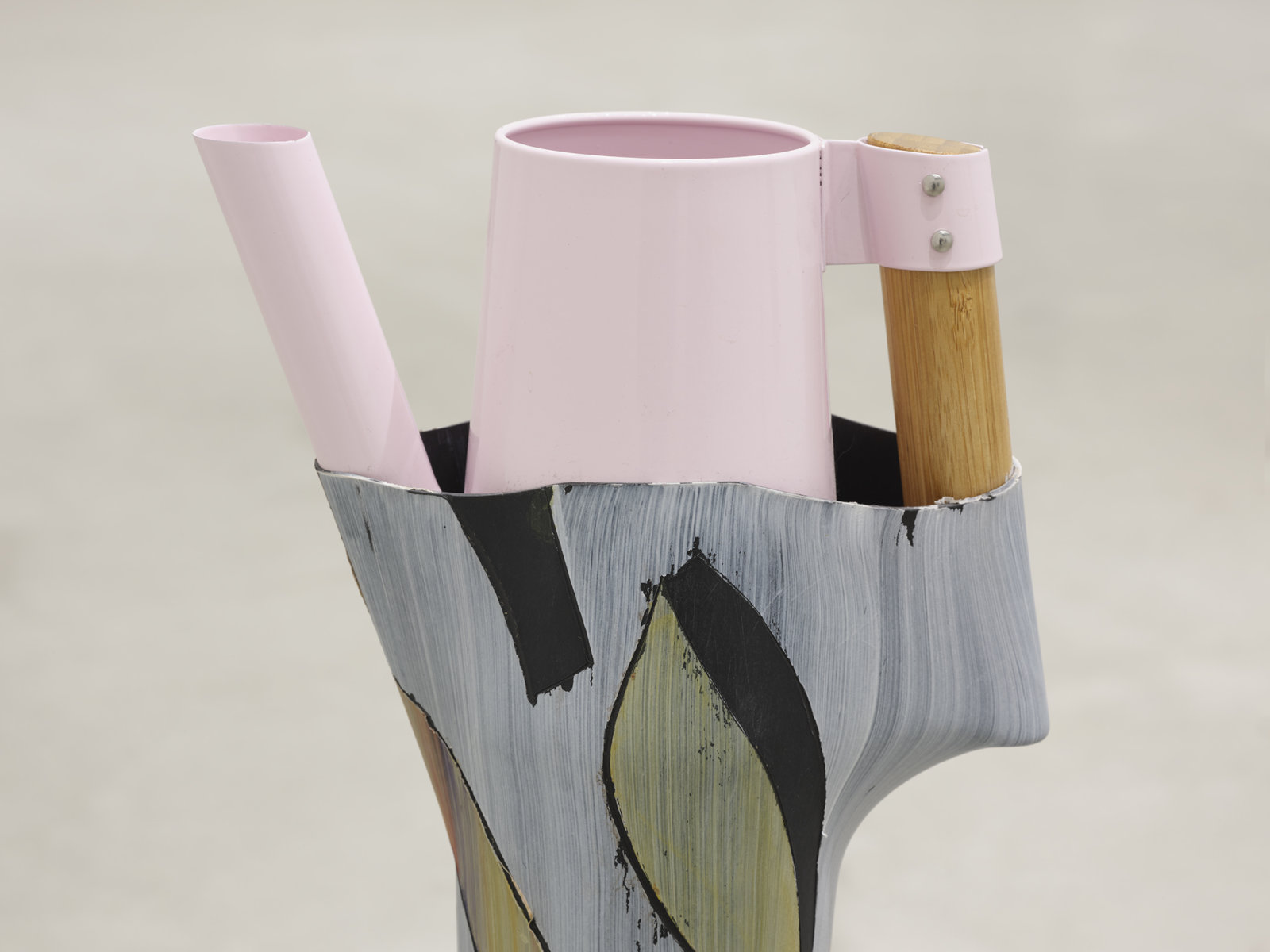 Valérie Blass, Le diable est dans les détails (detail), 2019, pitchers, heat-shrink tubing, acrylic, oil, gouache, 47 x 9 x 4 in. (121 x 22 x 10 cm)