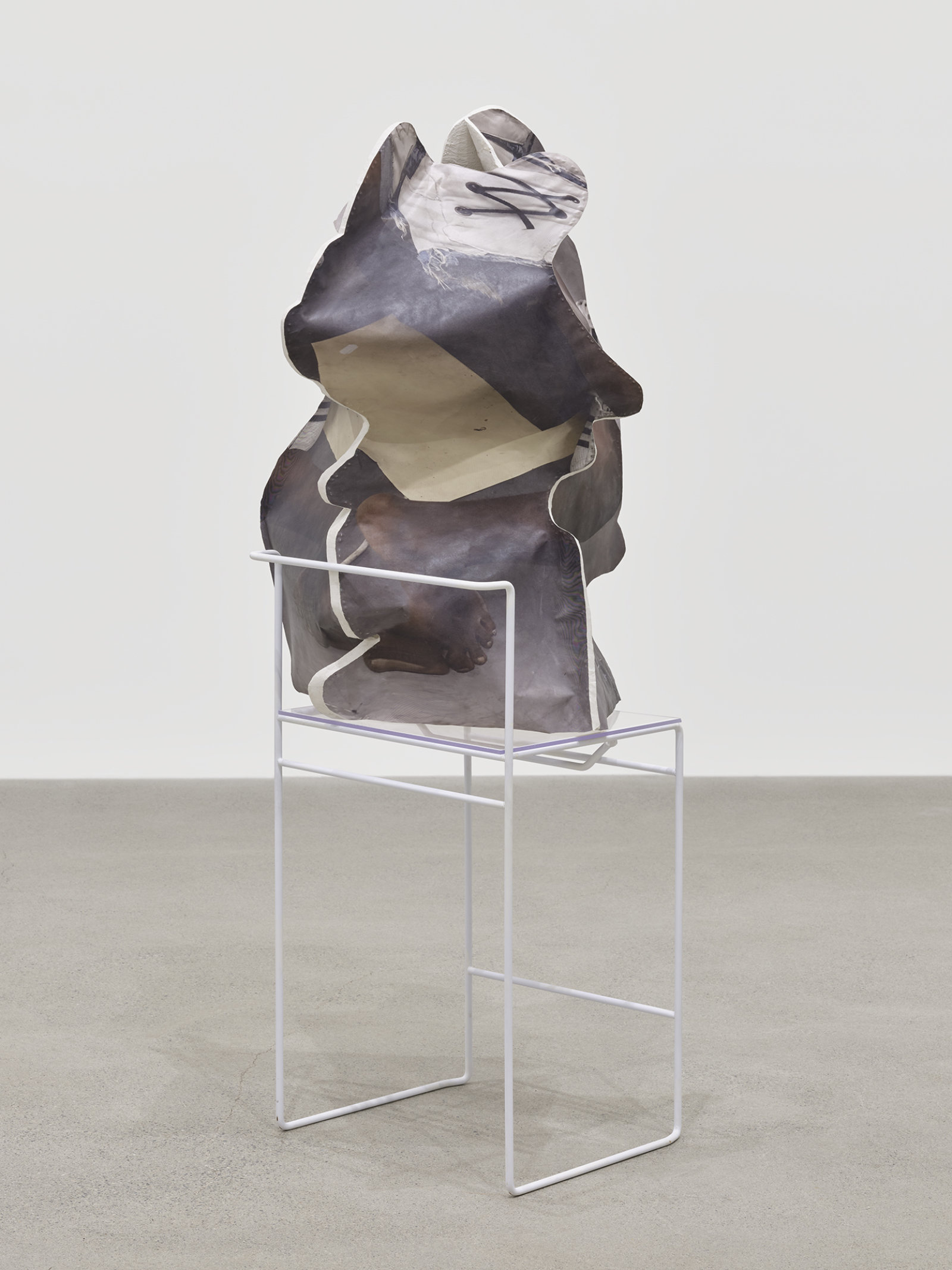 Valérie Blass, L’homme préservé, 2019, forton, photographic print on polyester tissue, plexiglas, chair, 61 x 25 x 25 in. (155 x 64 x 64 cm)