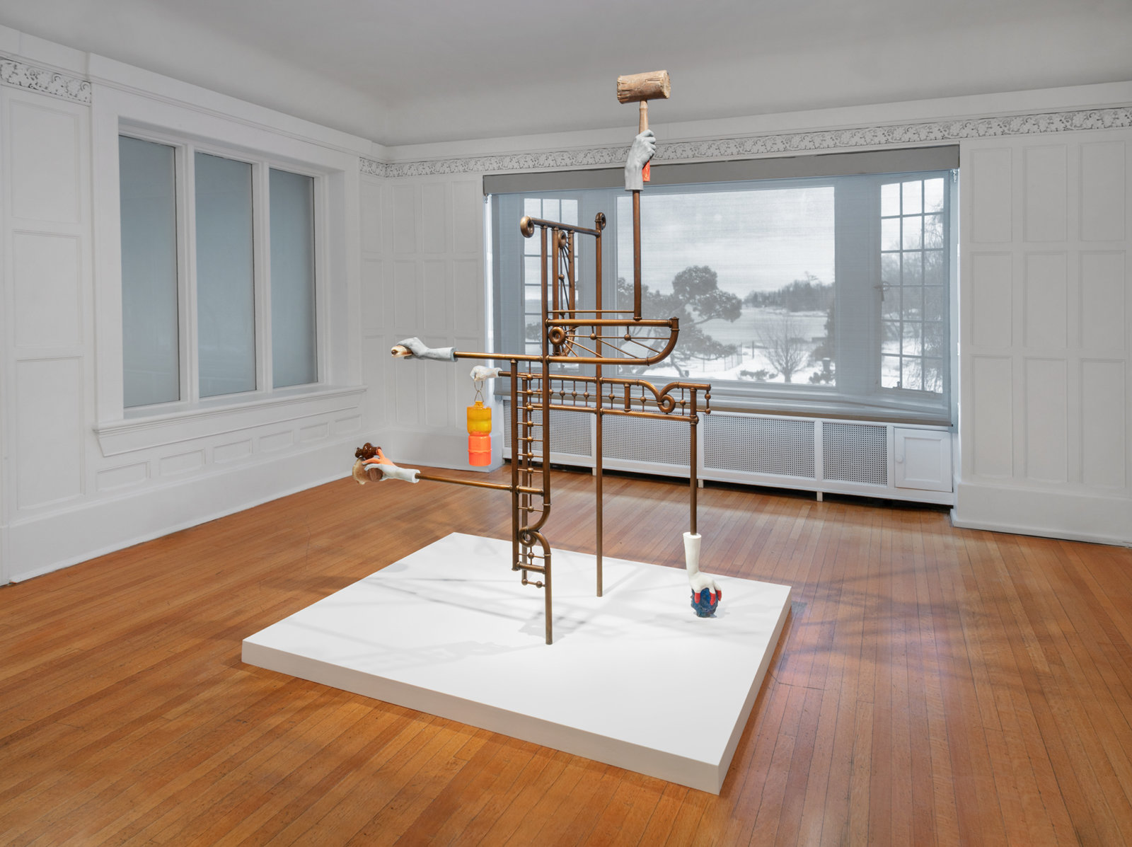 Valérie Blass, Meuble mécanique, 2012, bronze, found objects, ductal, fgr, epoxy, 80 x 54 x 27 in. (203 x 137 x 69 cm). Installation view, The Mime, the Model and the Dupe, Oakville Galleries, Oakville, 2019