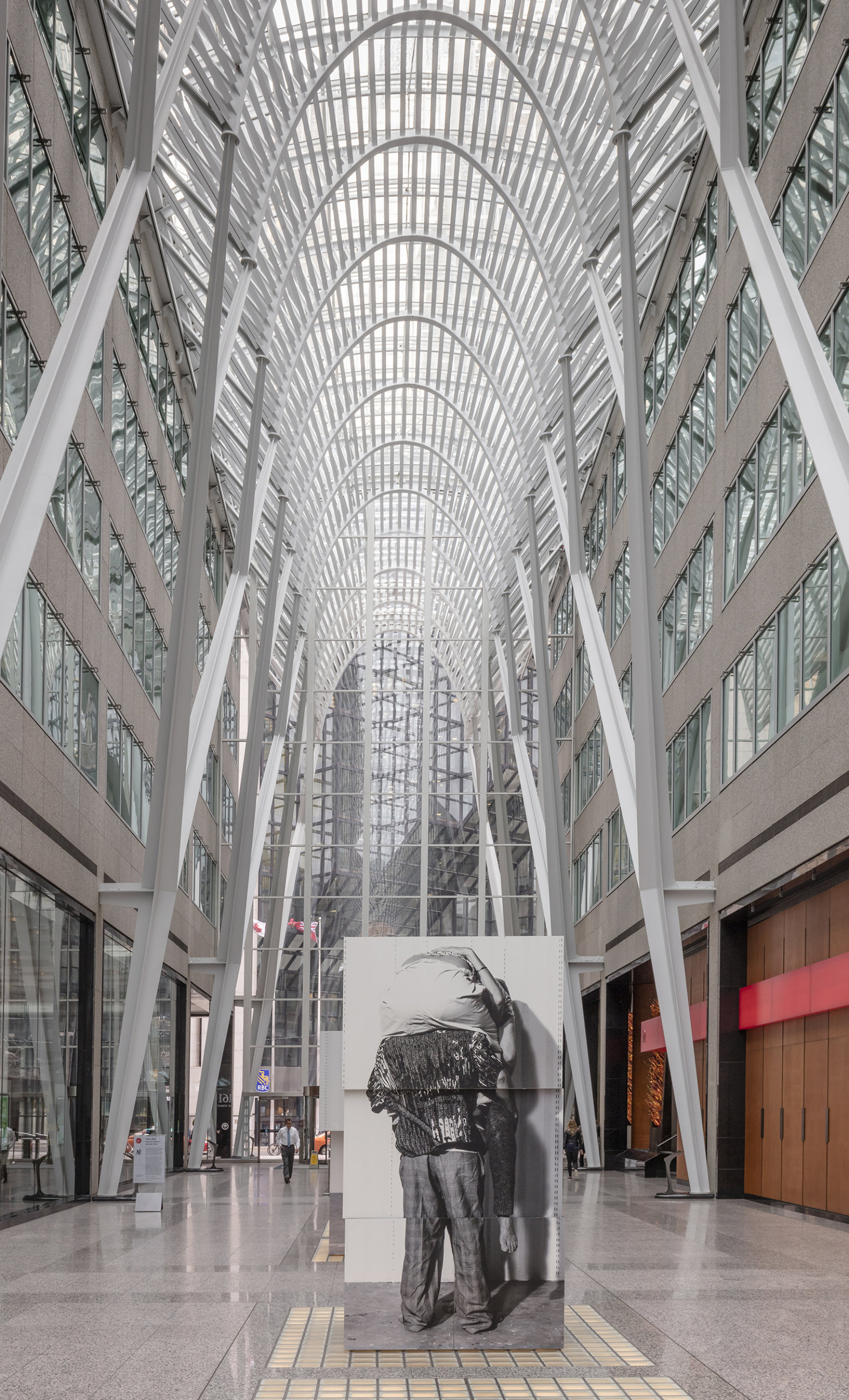 Valérie Blass, One Piece Mohair from Nous ne somme pas des héros, 2017, mixed media, dimensions variable. Installation view, Brookfield Place, Toronto, ON, 2017