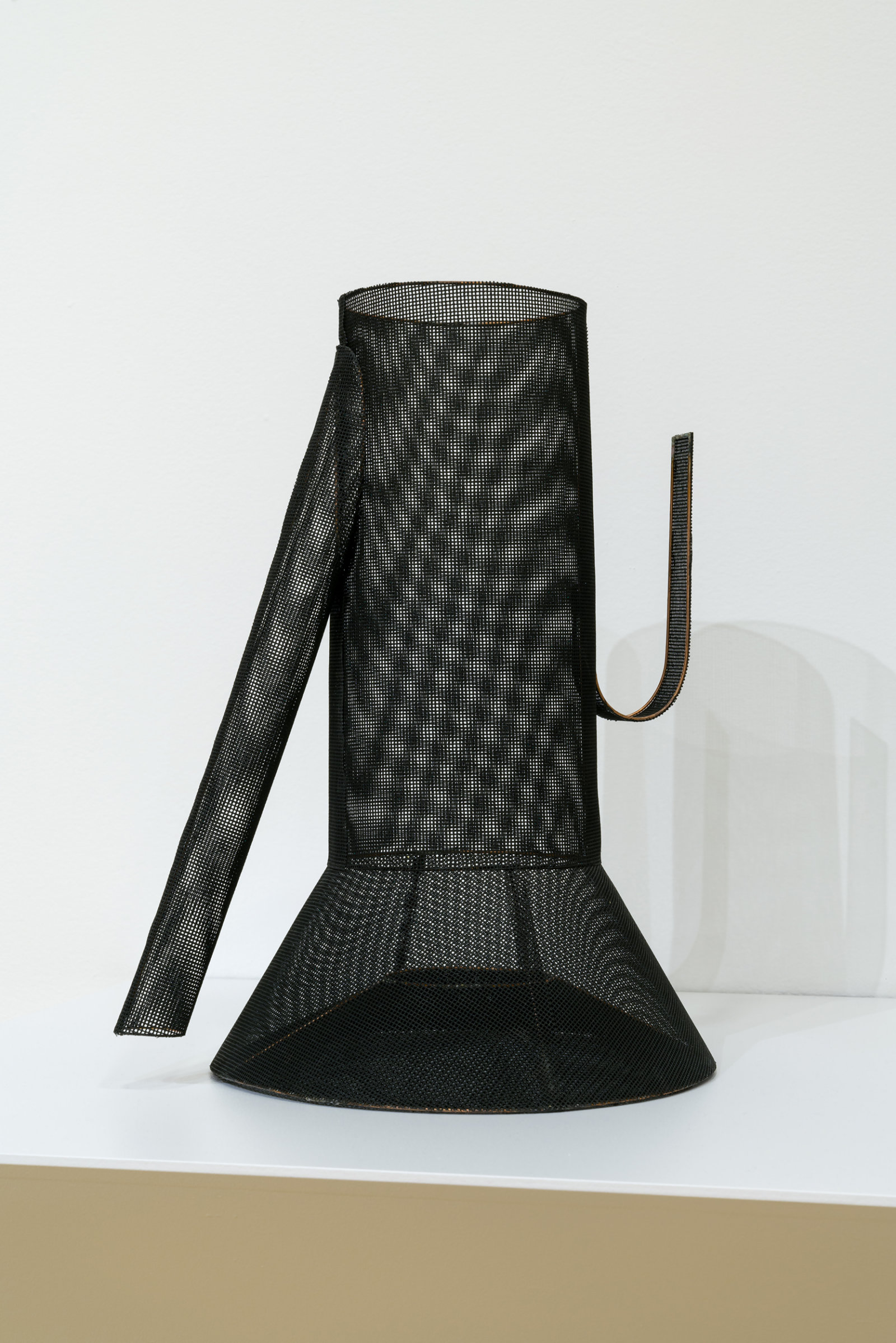 Valérie Blass, Précieuse ma précieuse (cruche bauhaus), 2016, steel rod, embroidery fabric, threaded construction, PVC on plinth, 64 x 108 x 35 in. (164 x 274 x 78 cm)