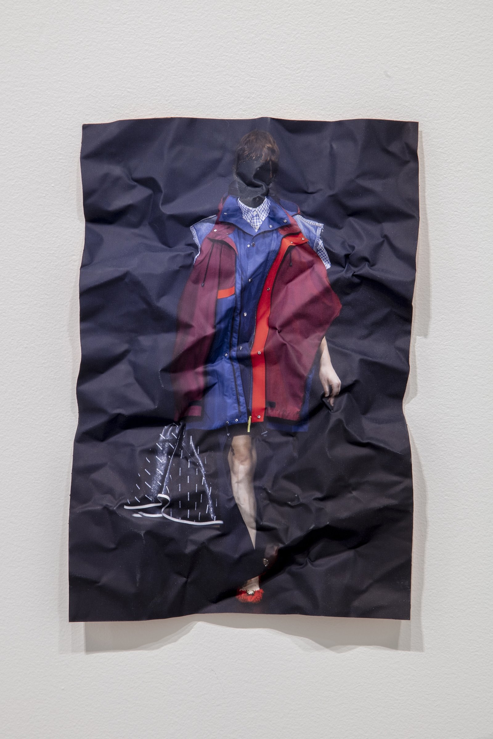 Valérie Blass, So what are your skills?, 2019, pvc pipes, heat-shrink tubing, paint, copper, inkjet print on polyester, 40 x 11 x 12 in. (100 x 27 x 30 cm), 11 x 9 x 1 in. (28 x 23 x 3 cm). Installation view, Le parlement des invisibles, Art Gallery of Ontario, Toronto, Canada, 2019