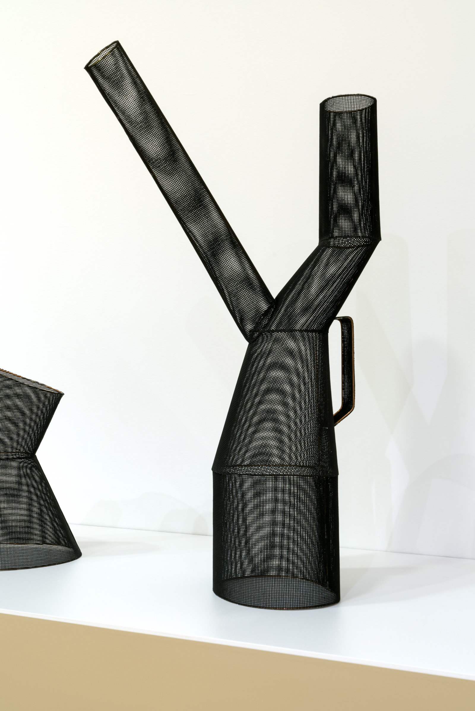 Valérie Blass, Terminons en beauté (cruche phallique), 2016, steel rod, embroidery fabric, threaded construction, PVC on plinth, 64 x 108 x 35 in. (164 x 274 x 78 cm)