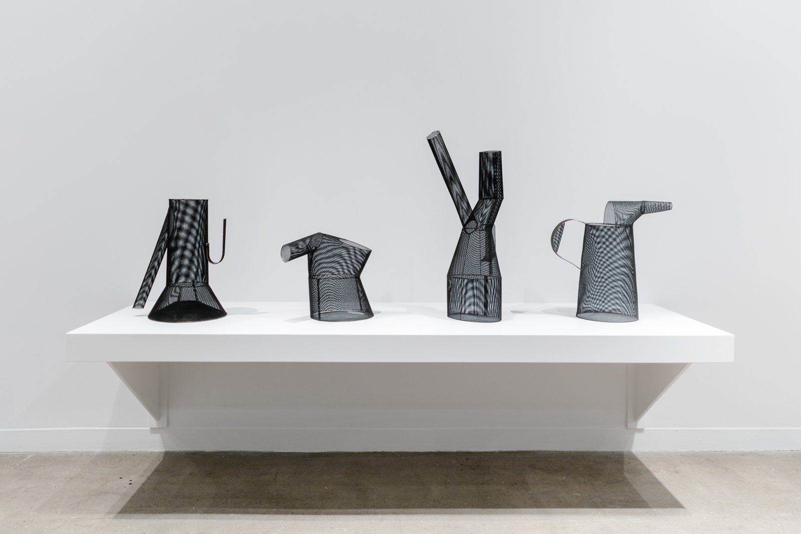 Valérie Blass, Terminons en beauté (cruche phallique), J’ai percé un trou (cruche standard), Précieuse ma précieuse (cruche bauhaus), Bruit encerclé (cruche nouvelle), 2016, steel rod, embroidery fabric, pvc, glue, 64 x 108 x 35 in. (164 x 274 x 78 cm). Installation view, The Mime, the Model and the Dupe, Oakville Galleries, Oakville, 2019