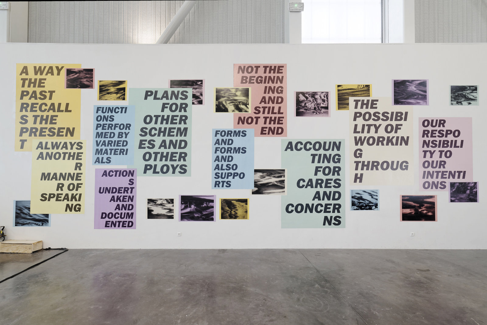 Raymond Boisjoly, Author’s Preface, 2015, 25 solvent based inkjet prints and premixed wallpaper paste, 136 x 361 in. (346 x 917 cm). Installation view, Moucharabieh, Triangle France, Marseilles, France, 2015