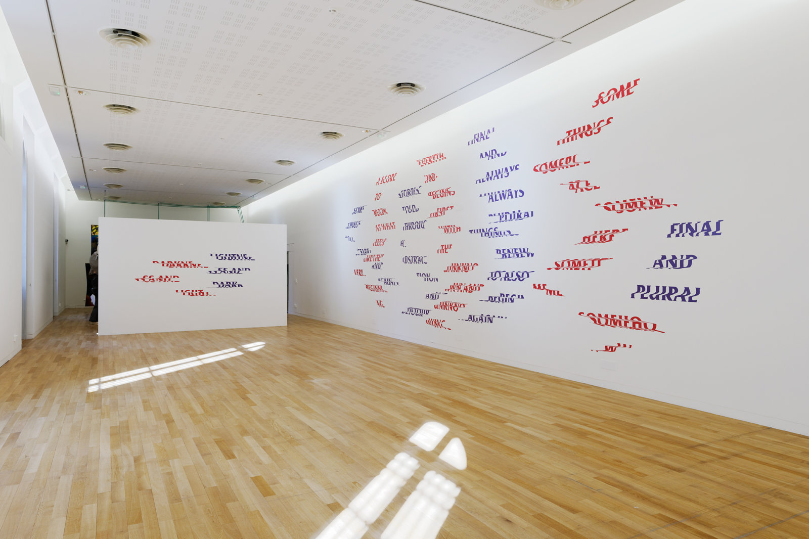 Raymond Boisjoly, Between and Beyond, 2018, vinyl lettering, dimensions variable. Installation view, À Cris Ouverts, Les Ateliers des Rennes—biennale d’art contemporain, Musée des beaux-arts de Rennes, France, 2018