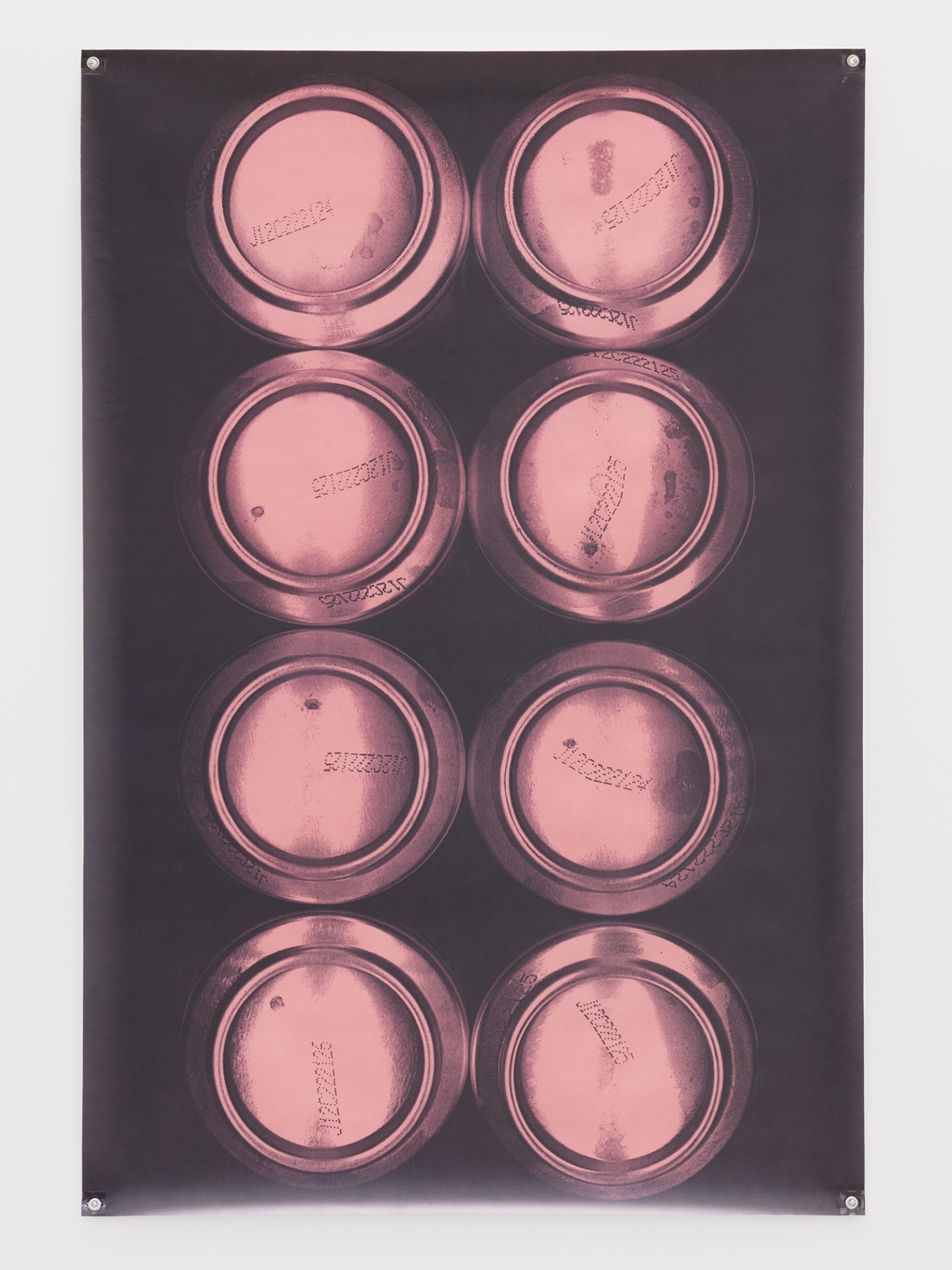Raymond Boisjoly, Lucky X Lager 8, 2012–2016, solvent based inkjet print on vinyl, grommets, 72 x 48 in. (183 x 122 cm)