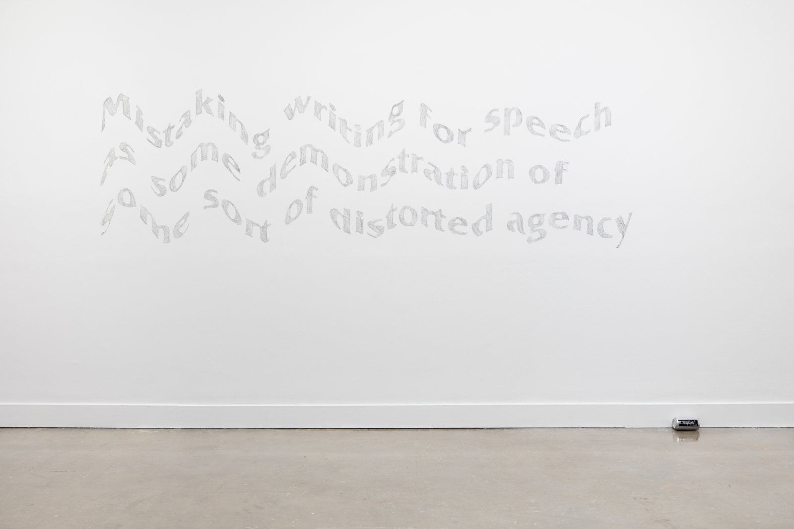 Raymond Boisjoly, Mistaking Writing for Speech, 2022, beer can on wall, 29 x 109 in. (73 x 277 cm). Installation view, The Explanatory Void, MIT List Visual Arts Center, Cambridge, USA, 2022