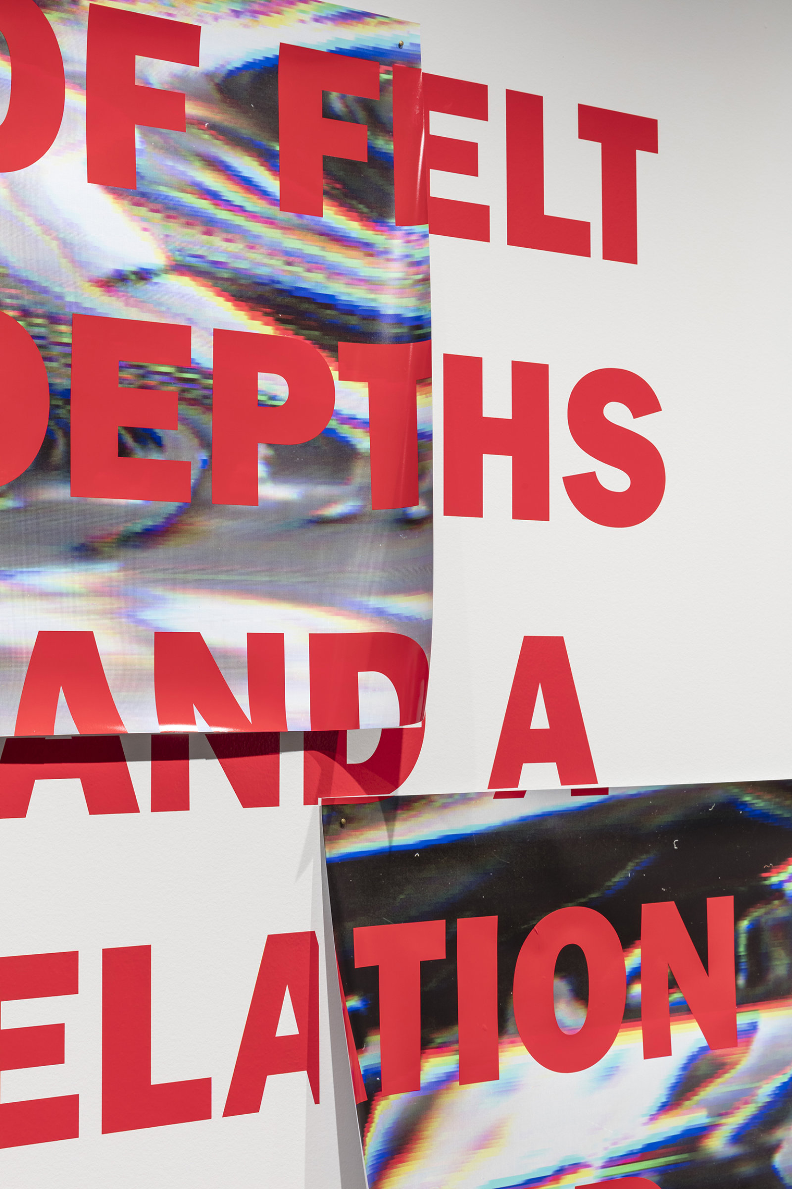 Raymond Boisjoly, Of felt depths and a relation beyond (detail), 2016, vinyl lettering on solvent based inkjet print on vinyl, 63 x 102 in. (160 x 258 cm). Installation view, Over a Distance Between One and Many, Koffler Gallery, Toronto, ON, 2016