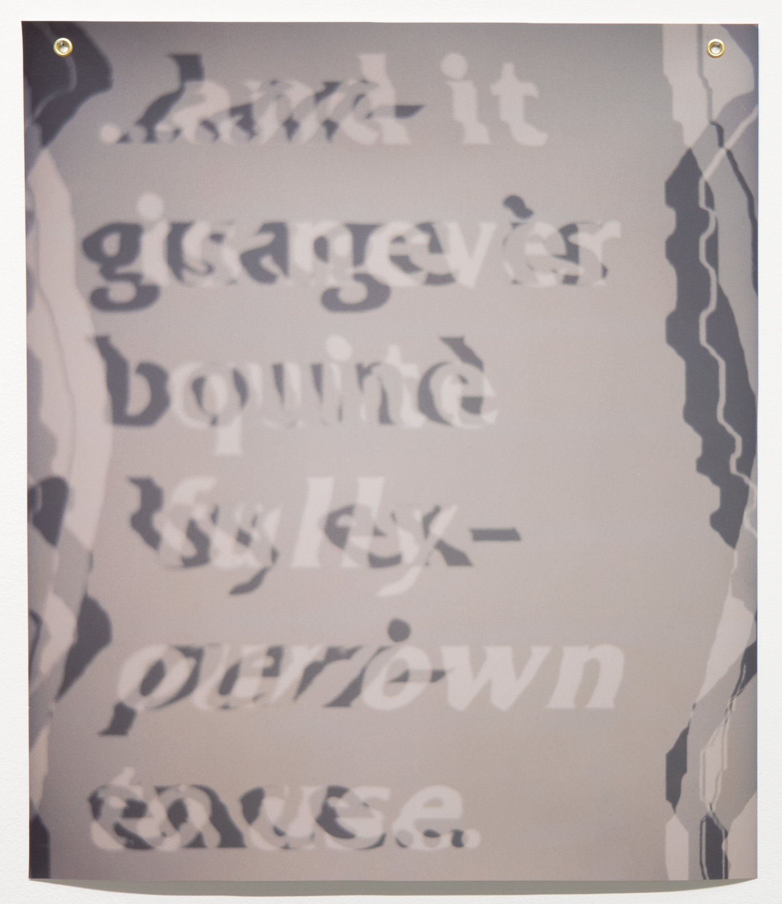 Raymond Boisjoly, (Never) Quite Fully, 2022, solvent-based inkjet print on vinyl, grommets, 42 x 36 in. (107 x 91 cm)