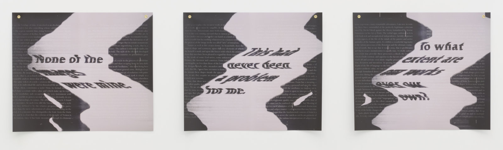 Raymond Boisjoly, After Some Imbalance, After Henri Focillon (“…escape the bondage of time.”/“…could never replace the meanest work of art.”/“…form, experience many remarkable adventures.”), 2021 solvent-based inkjet print on vinyl, grommets 3 parts, each 36 x 42 in. (91 x 107 cm), 36 x 144 in. (91 x 366 cm) installed