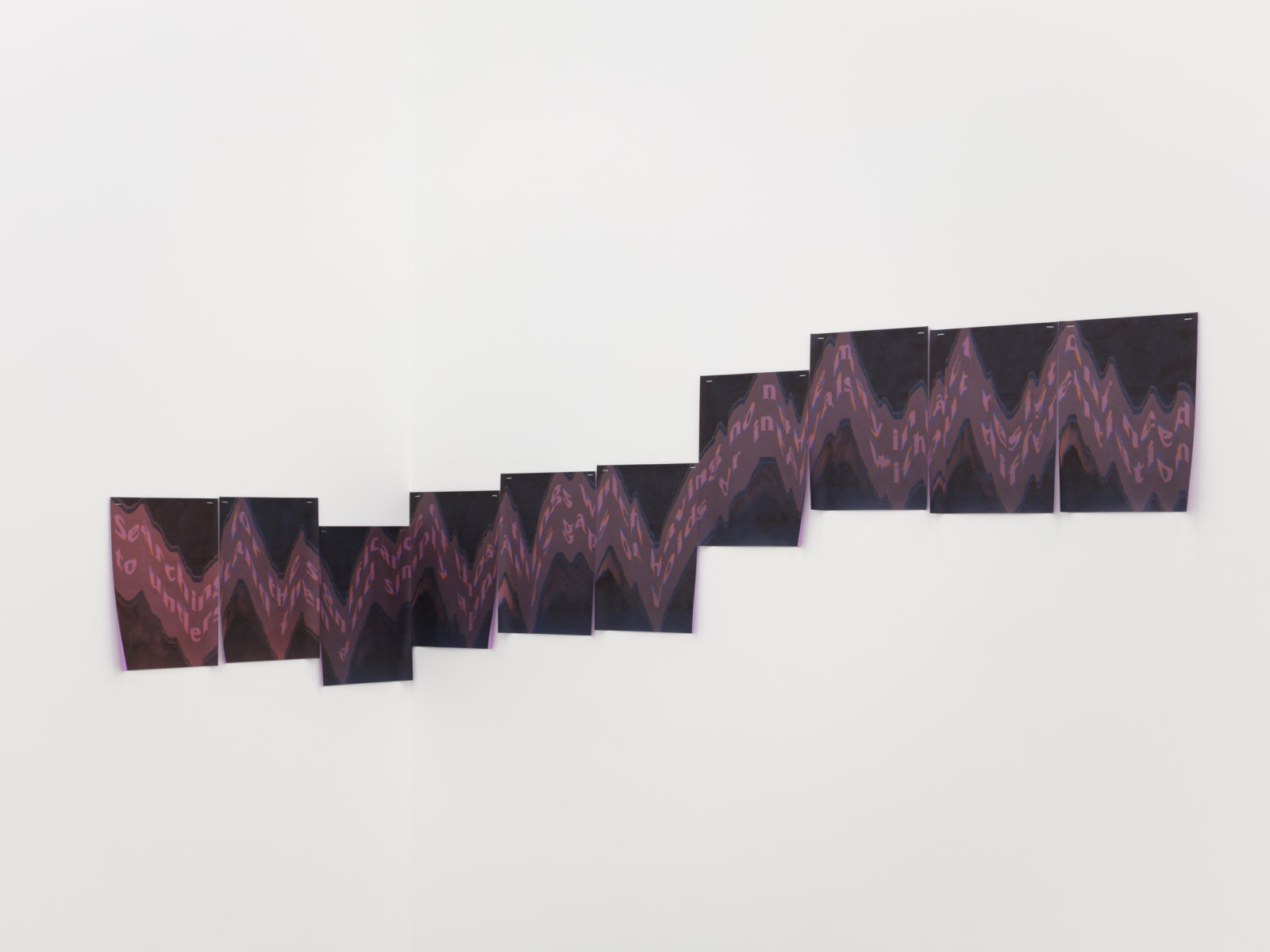 Raymond Boisjoly, having no name, 2021, inkjet print on purple paper 10 parts, each 10 x 8 in. (25 x 20 cm), 21 x 76 in. (53 x 193 cm) installed