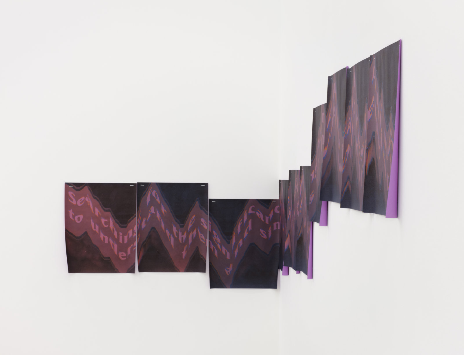 Raymond Boisjoly, having no name, 2021, inkjet print on purple paper 10 parts, each 10 x 8 in. (25 x 20 cm), 21 x 76 in. (53 x 193 cm) installed