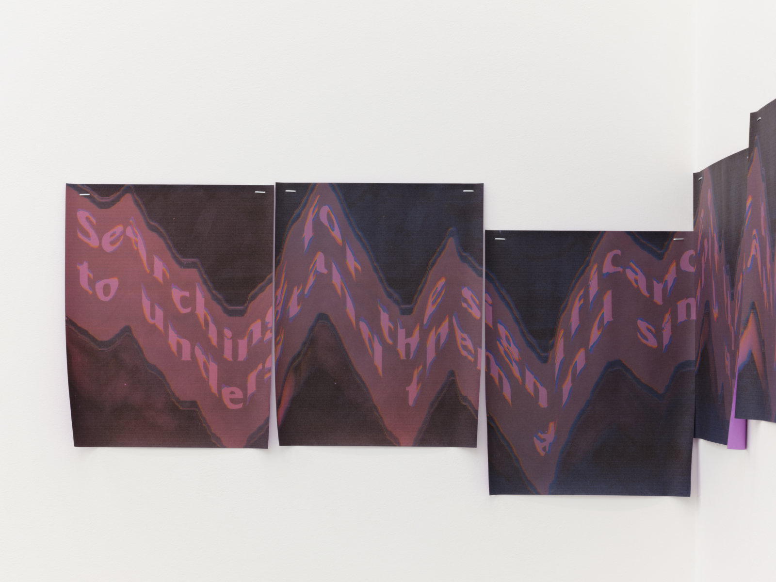 Raymond Boisjoly, having no name (detail), 2021, inkjet print on purple paper 10 parts, each 10 x 8 in. (25 x 20 cm), 21 x 76 in. (53 x 193 cm) installed