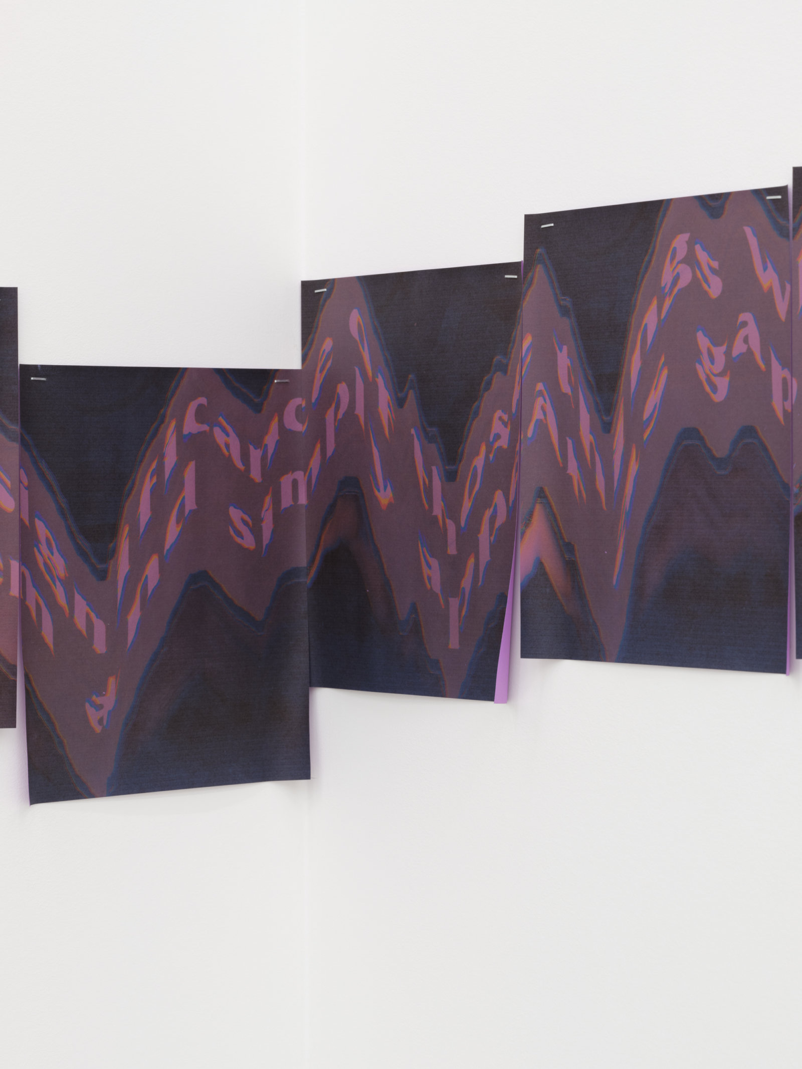 Raymond Boisjoly, having no name (detail), 2021, inkjet print on purple paper 10 parts, each 10 x 8 in. (25 x 20 cm), 21 x 76 in. (53 x 193 cm) installed