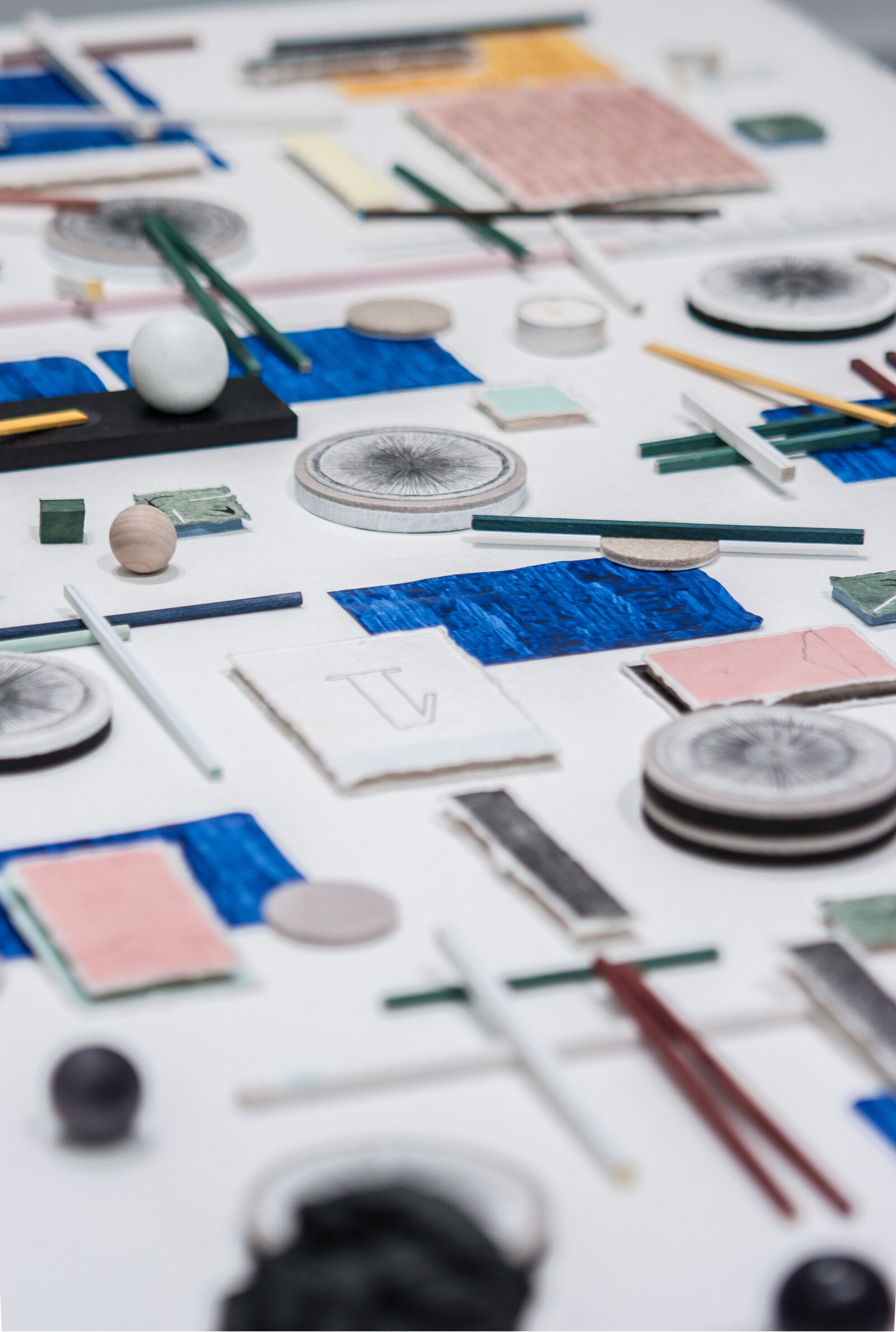 Eli Bornowsky, A Way to Finish Thinking (detail), 2019, gouache, shellac ink, balsa wood, bass wood, graphite, handmade paper, acrylic medium, egg tempera, felt, foam, clay, dimensions variable
