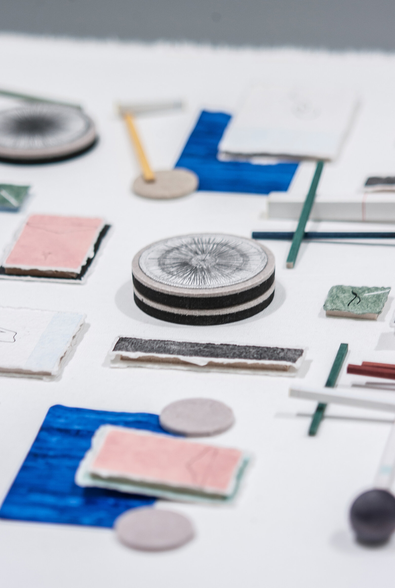 Eli Bornowsky, A Way to Finish Thinking (detail), 2019, gouache, shellac ink, balsa wood, bass wood, graphite, handmade paper, acrylic medium, egg tempera, felt, foam, clay, dimensions variable
