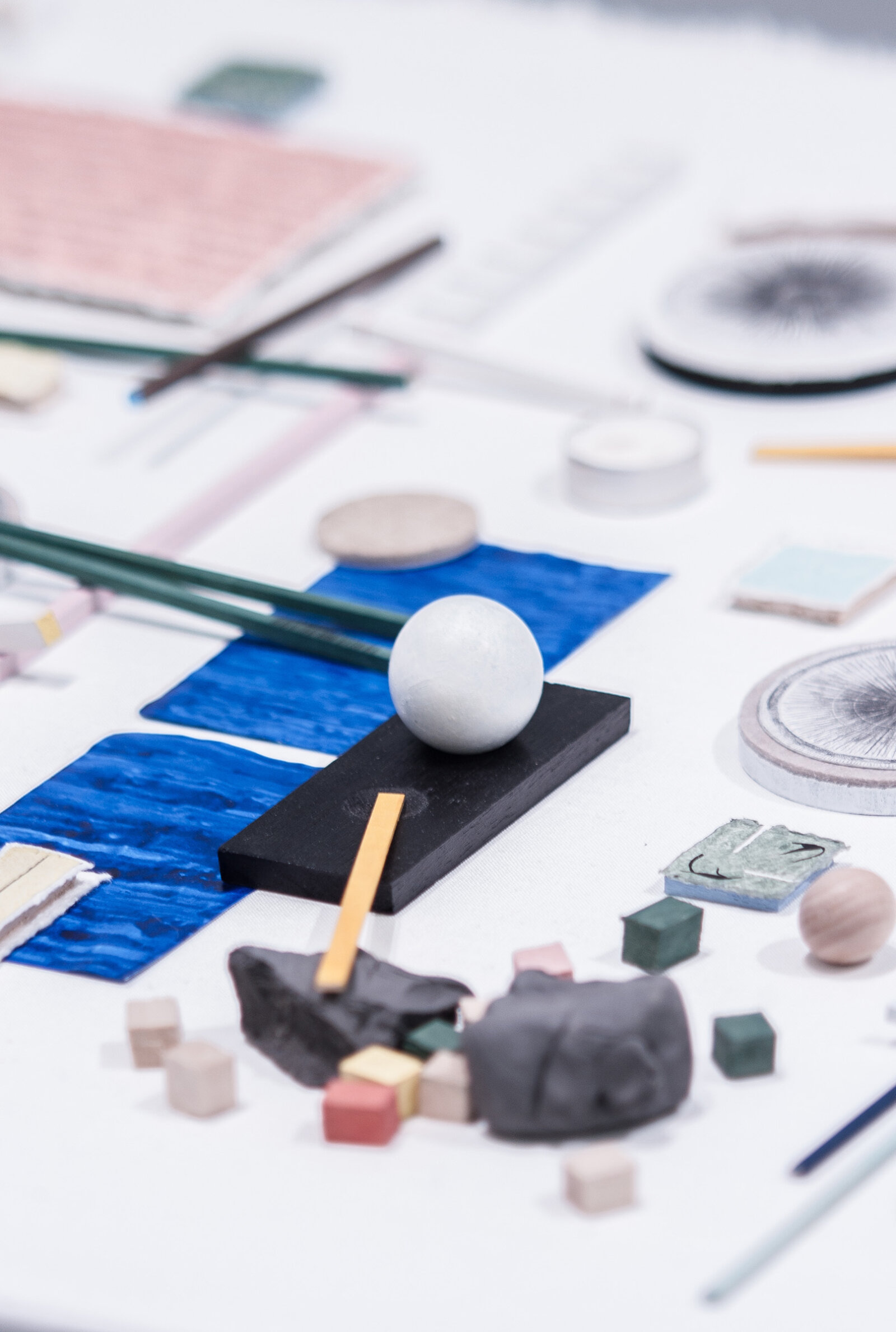Eli Bornowsky, A Way to Finish Thinking (detail), 2019, gouache, shellac ink, balsa wood, bass wood, graphite, handmade paper, acrylic medium, egg tempera, felt, foam, clay, dimensions variable