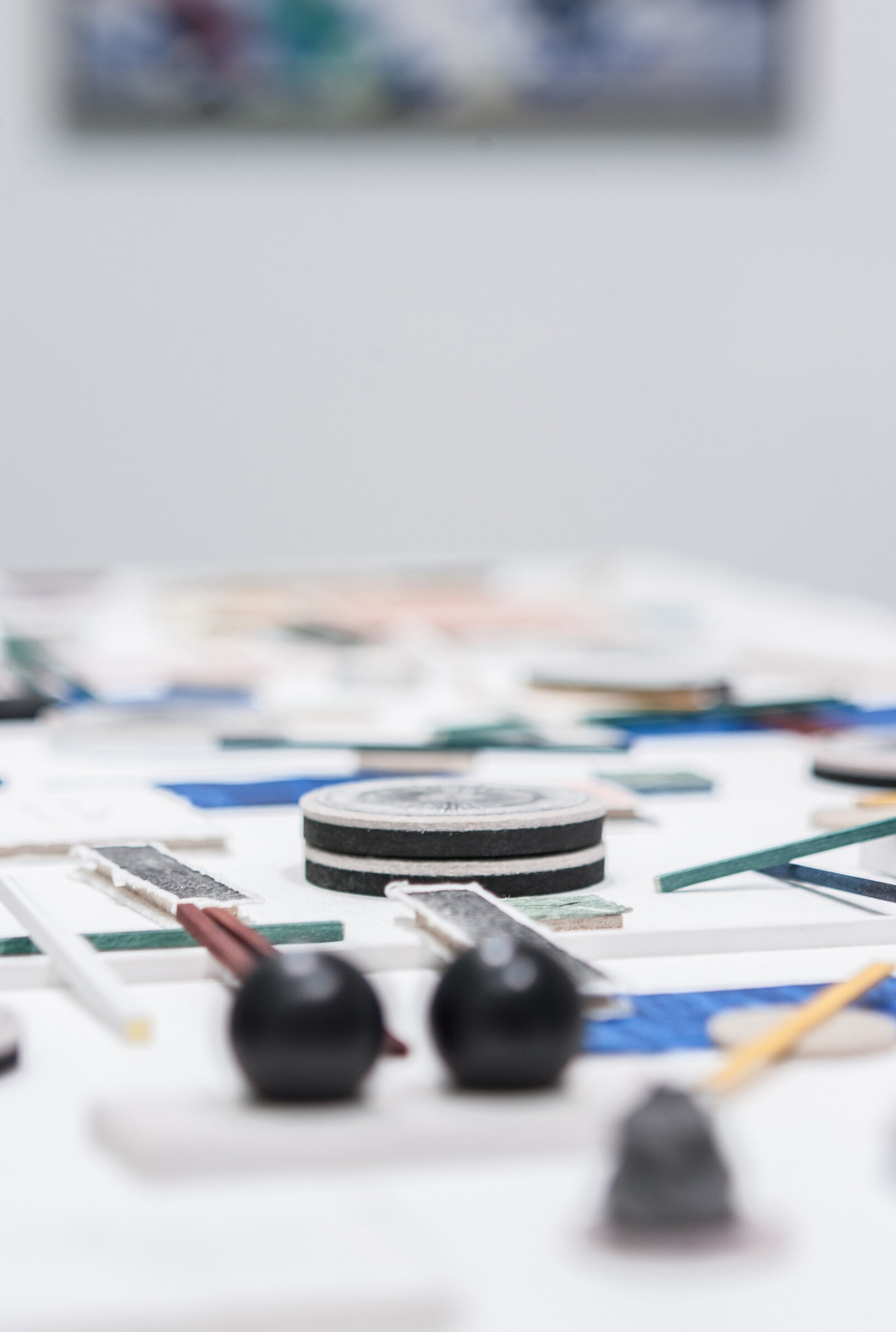 Eli Bornowsky, A Way to Finish Thinking (detail), 2019, gouache, shellac ink, balsa wood, bass wood, graphite, handmade paper, acrylic medium, egg tempera, felt, foam, clay, dimensions variable