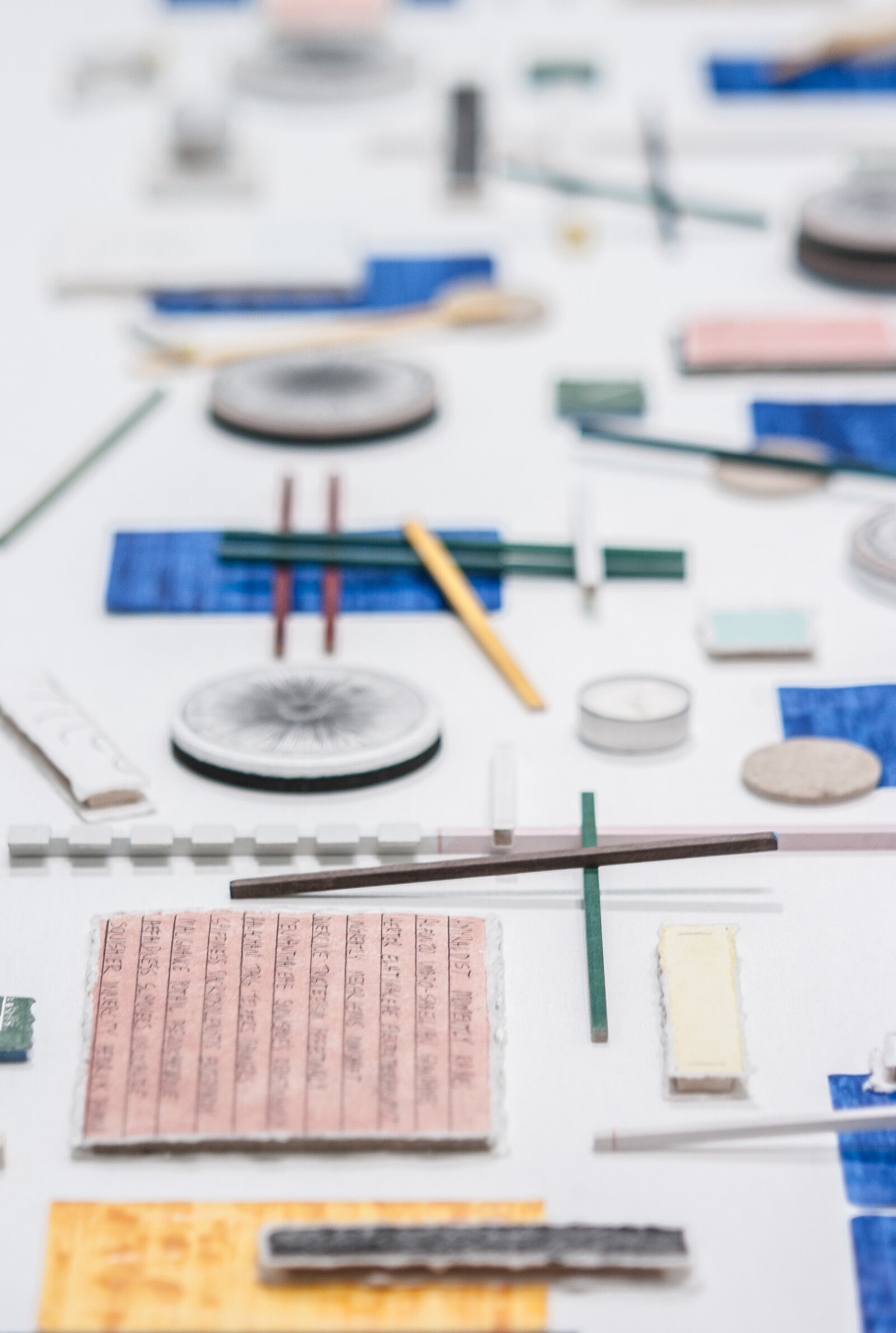 Eli Bornowsky, A Way to Finish Thinking (detail), 2019, gouache, shellac ink, balsa wood, bass wood, graphite, handmade paper, acrylic medium, egg tempera, felt, foam, clay, dimensions variable