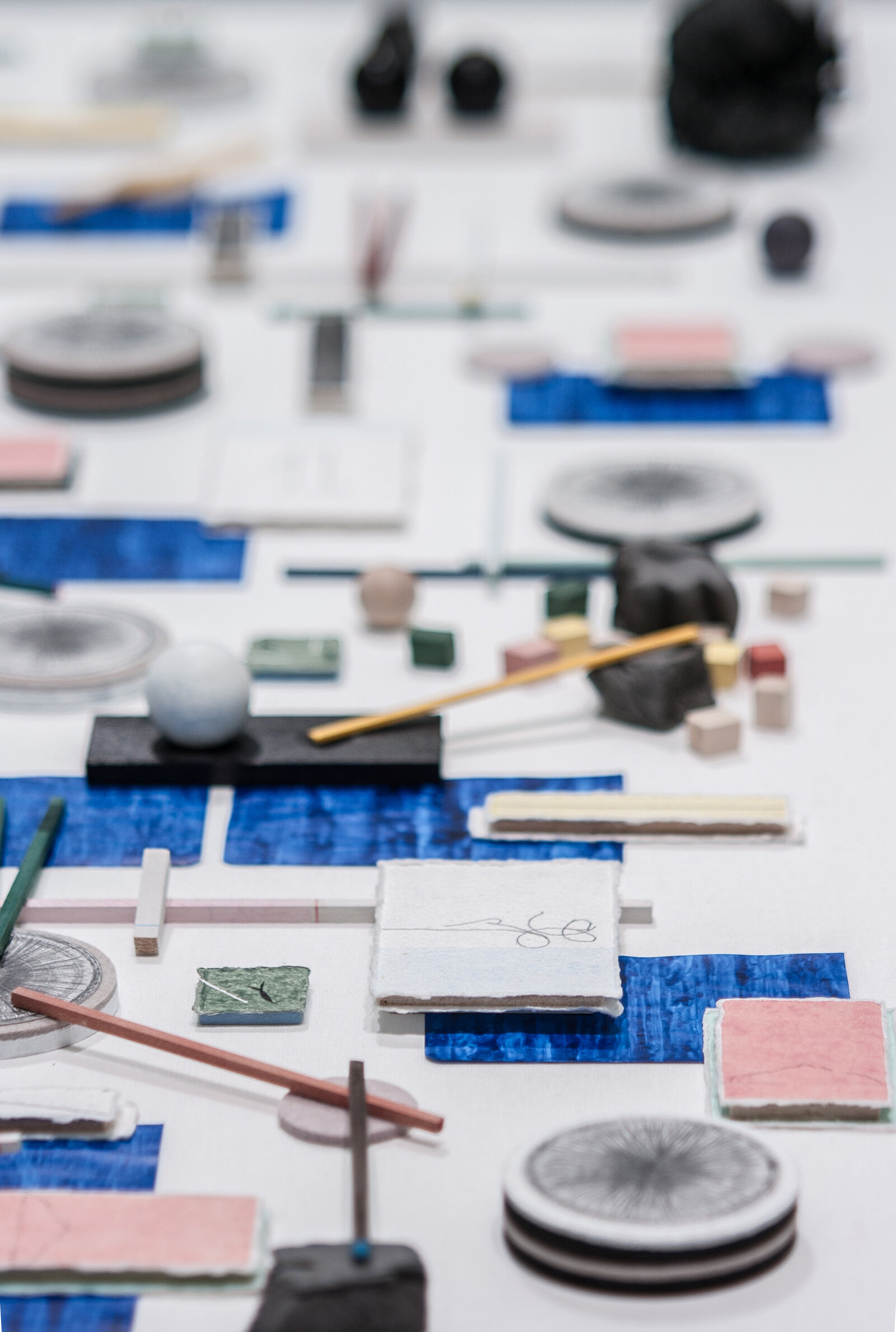 Eli Bornowsky, A Way to Finish Thinking (detail), 2019, gouache, shellac ink, balsa wood, bass wood, graphite, handmade paper, acrylic medium, egg tempera, felt, foam, clay, dimensions variable