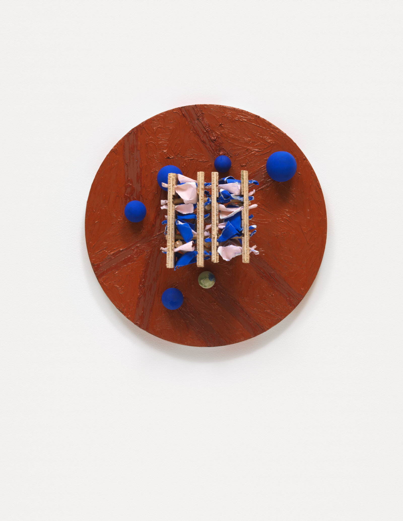 Eli Bornowsky, Fool’s Dancer, 2016, oil, gouache, watercolour, wood, paper, glue, screws, 12 x 12 x 5 in. (30 x 30 x 12 cm)