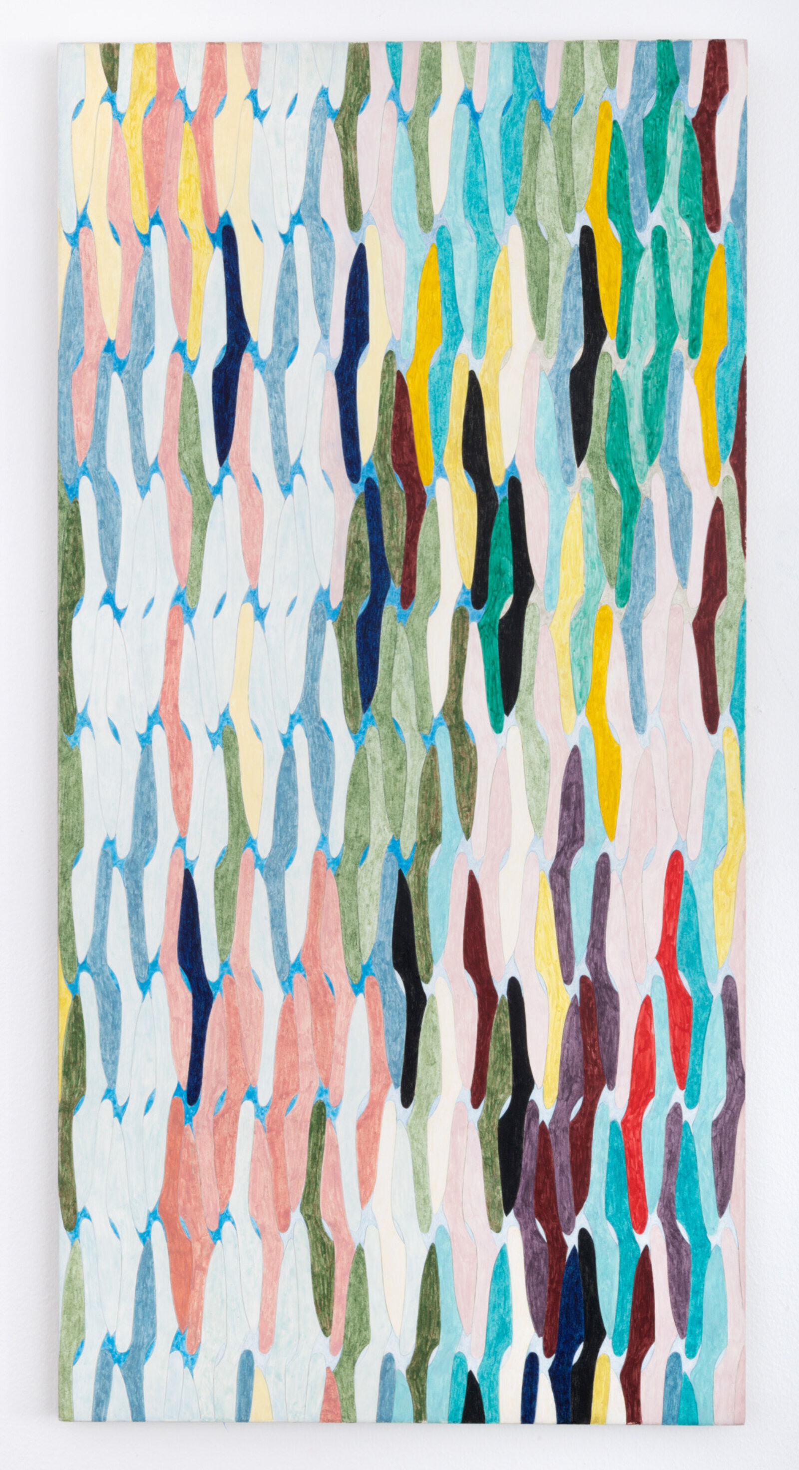 Eli Bornowsky, IH86_stretch_D64mod30_stochastic_row_length, 2020, egg tempera, gesso, muslin, wood, 30 x 30 in. (76 x 76 cm)