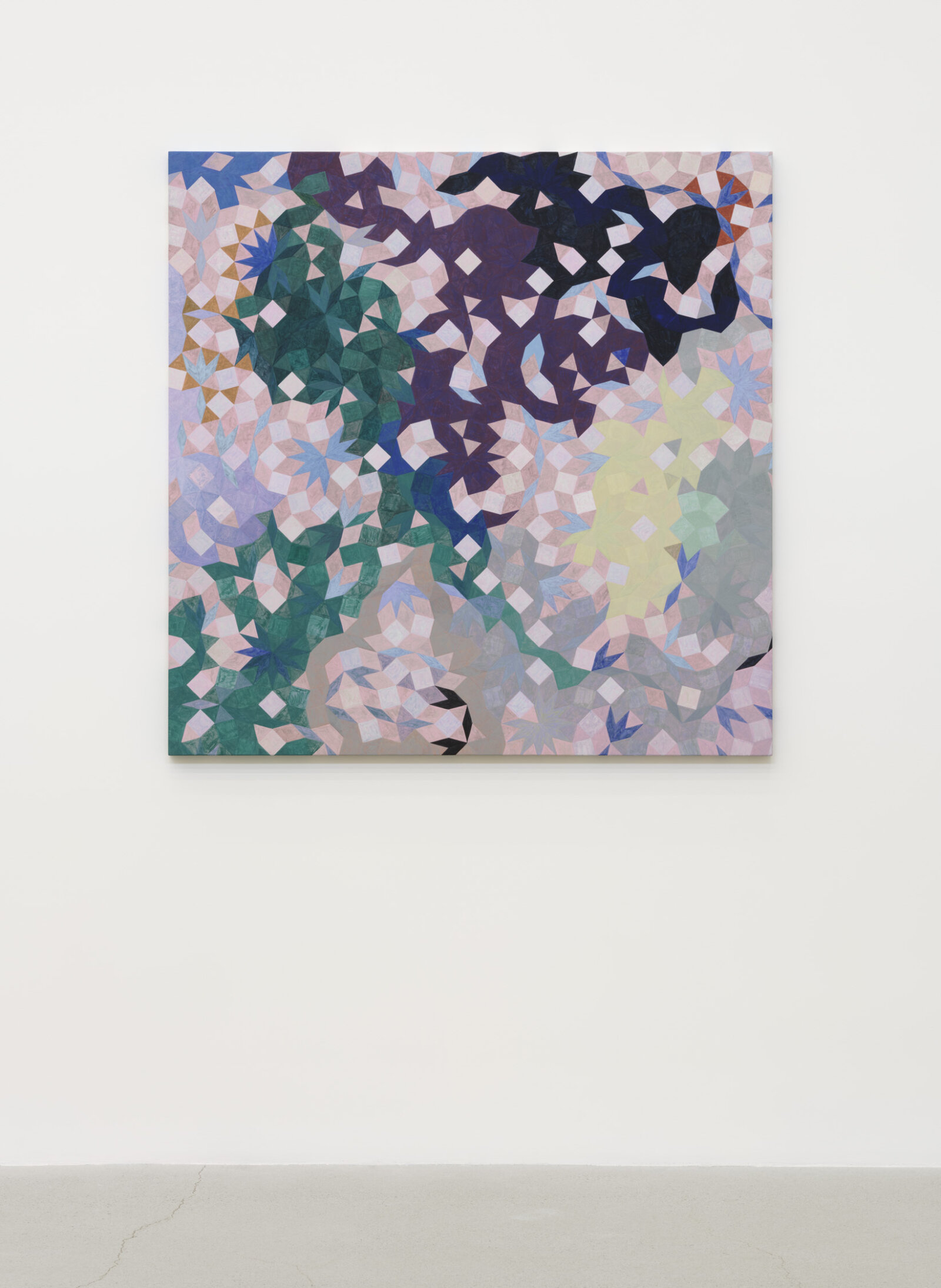 Eli Bornowsky, Minorcas (Contradiction between the inside and the outside may manifest itself in an unattached lining which produces an additional space between the lining and the exterior wall.), 2025, egg tempera, gesso on wood, aluminum, 47 x 47 in. (120 x 120 cm)