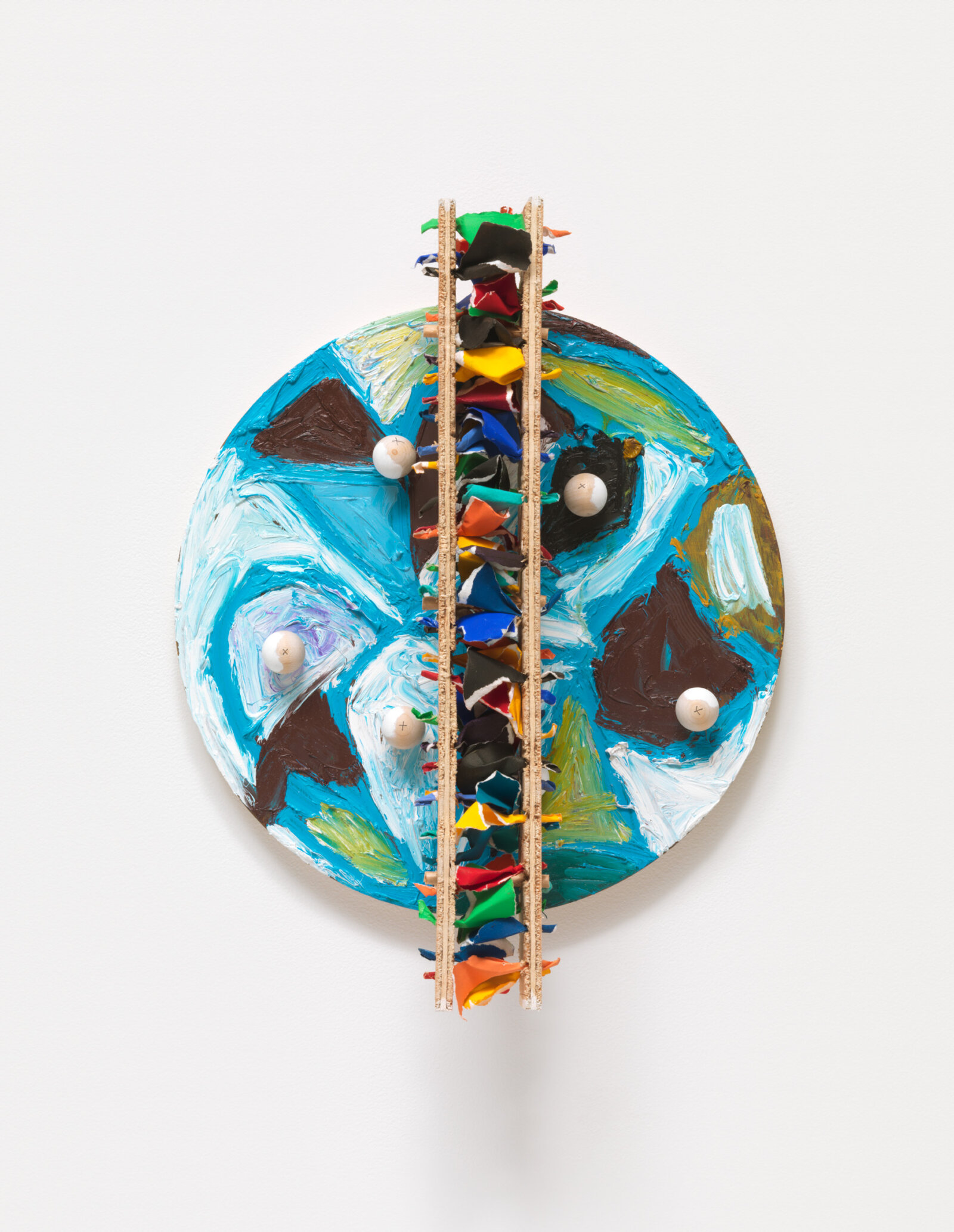 Eli Bornowsky, Powerful Microscope, 2016, oil, gouache, watercolour, wood, paper, glue, screws, 14 x 14 x 5 in. (36 x 36 x 12 cm)