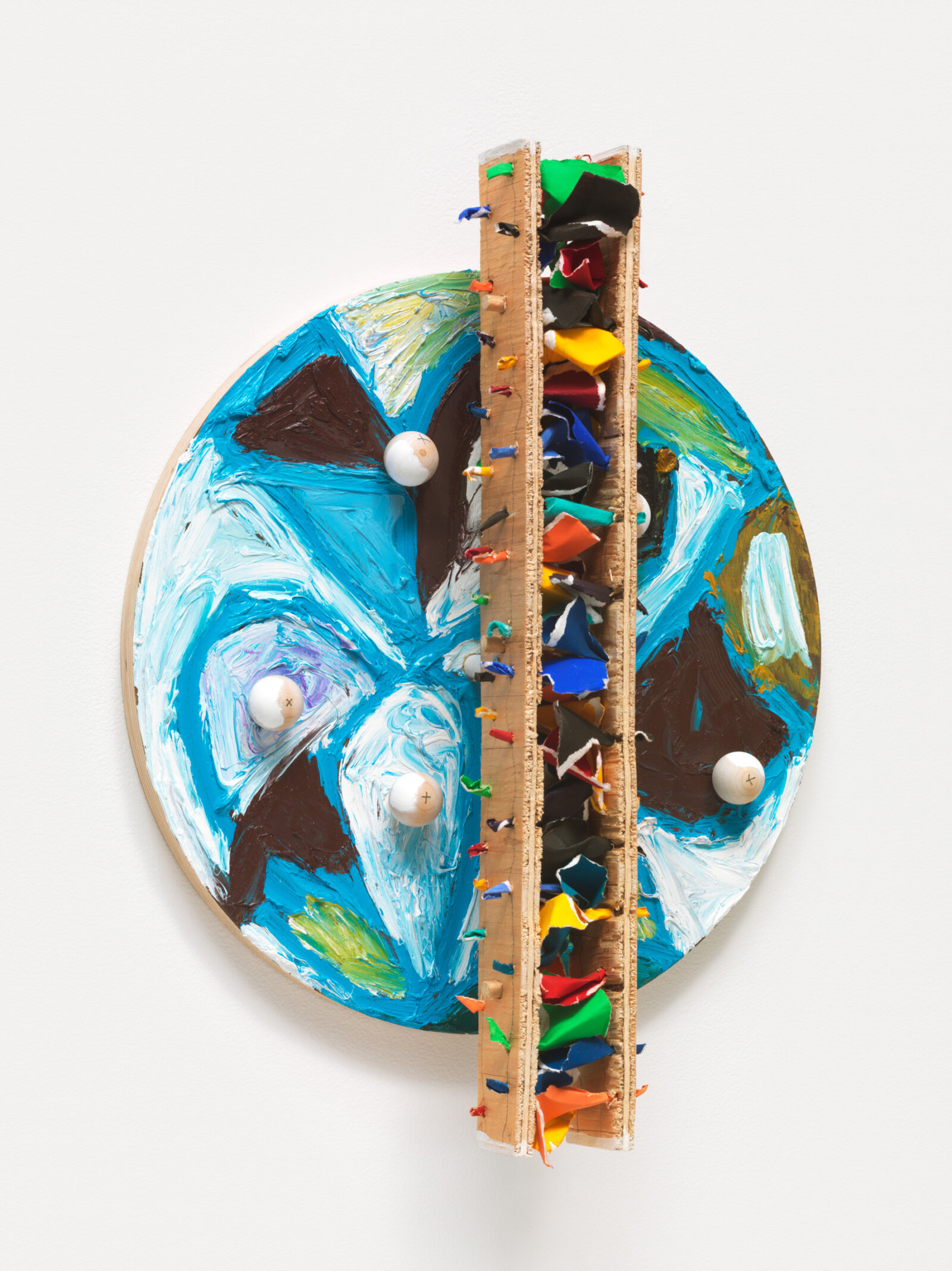 Eli Bornowsky, Powerful Microscope, 2016, oil, gouache, watercolour, wood, paper, glue, screws, 14 x 14 x 5 in. (36 x 36 x 12 cm)